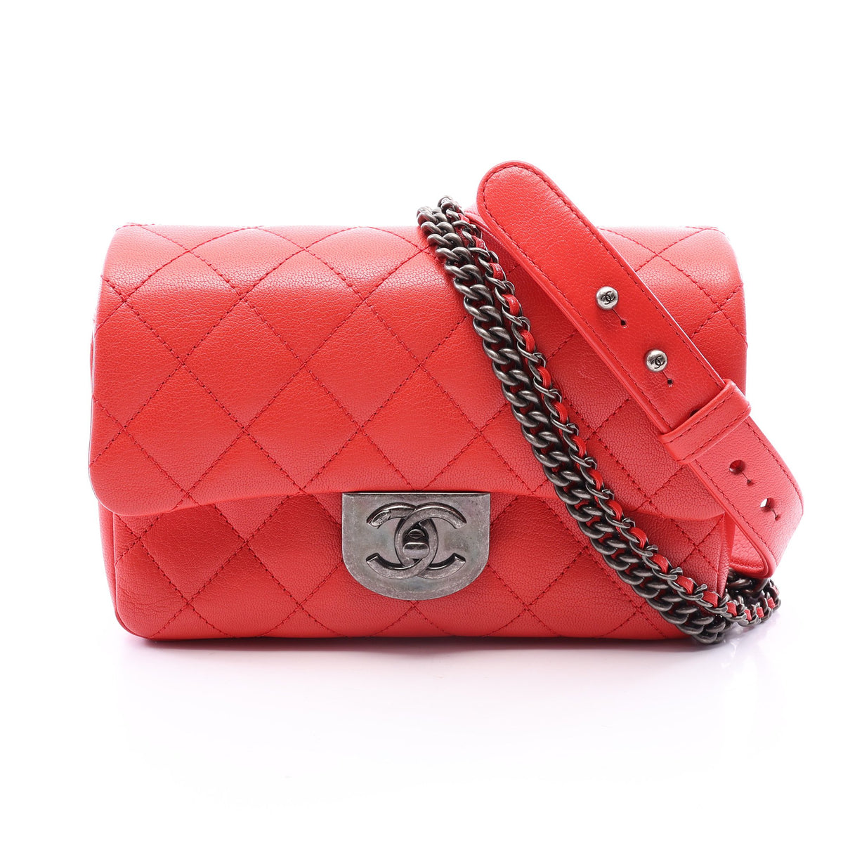 マトラッセ チェーンショルダーバッグ レザー レッド シルバー金具 シャネル バッグ CHANEL