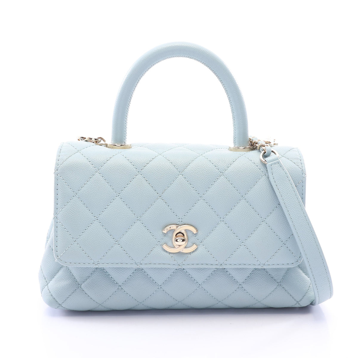 ココハンドル フラップ マトラッセ 2WAY ハンドバッグ キャビアスキン ライトブルー ゴールド金具 シャネル バッグ CHANEL
