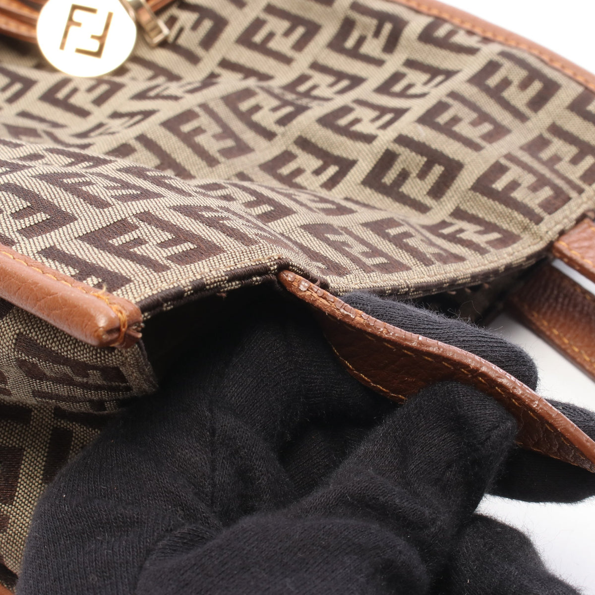 ズッキーノ ハンドバッグ キャンバス レザー ベージュ ブラウン フェンディ バッグ FENDI