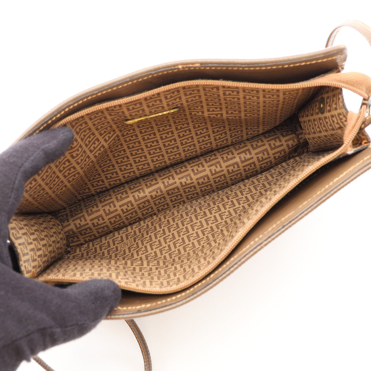 ズッキーノ ショルダーバッグ コーティングキャンバス レザー ベージュ グレーブラウン フェンディ バッグ FENDI