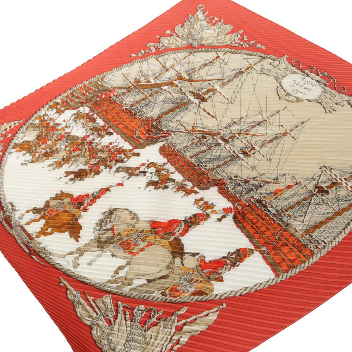 エルメス カレプリセ MARINE ET CAVALERIE プリーツ スカーフ レッド系 ベージュ系 シルク 財布・小物 HERMES