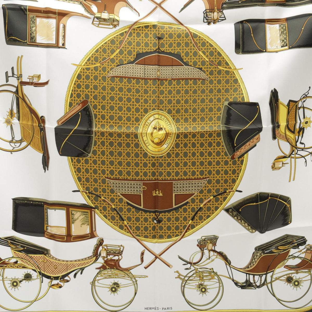 エルメス カレ90 LES VOITURES A TRANSFORMATION スカーフ グリーン系 マルチカラー シルク 財布・小物 HERMES