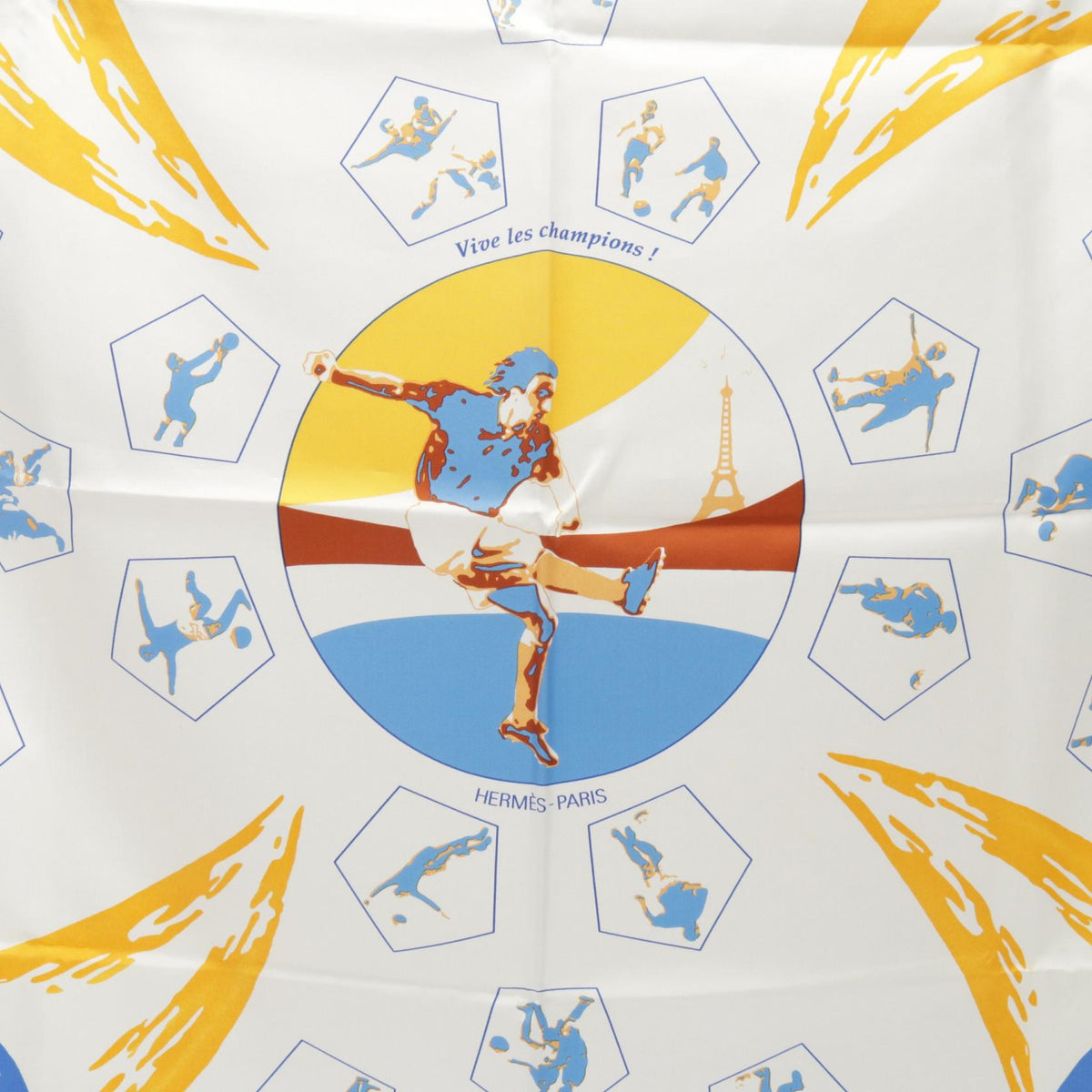 エルメス カレ90 Vive les champions! スカーフ ホワイト系 ブルー系 イエロー系 シルク 財布・小物 HERMES