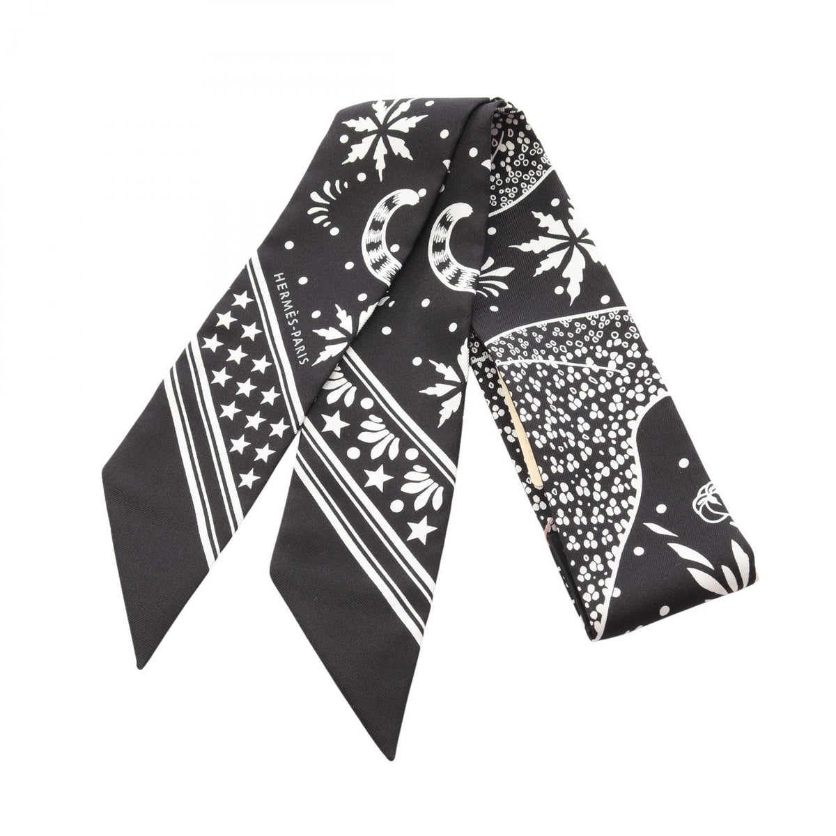 エルメス ツイリー Les Leopards Bandana スカーフ ブラック系 ホワイト系 シルク 財布・小物 HERMES