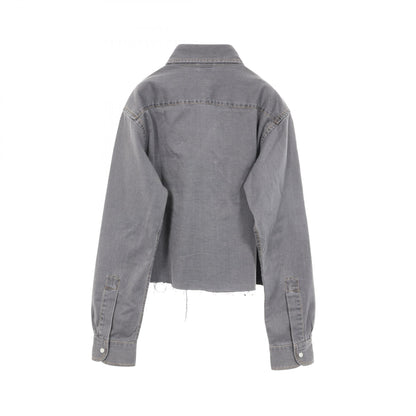 ミュウ ミュウ クロップドシャンプレーシャツ ウォッシュ加工 カットオフ その他トップス グレー系 トップス MIU MIU