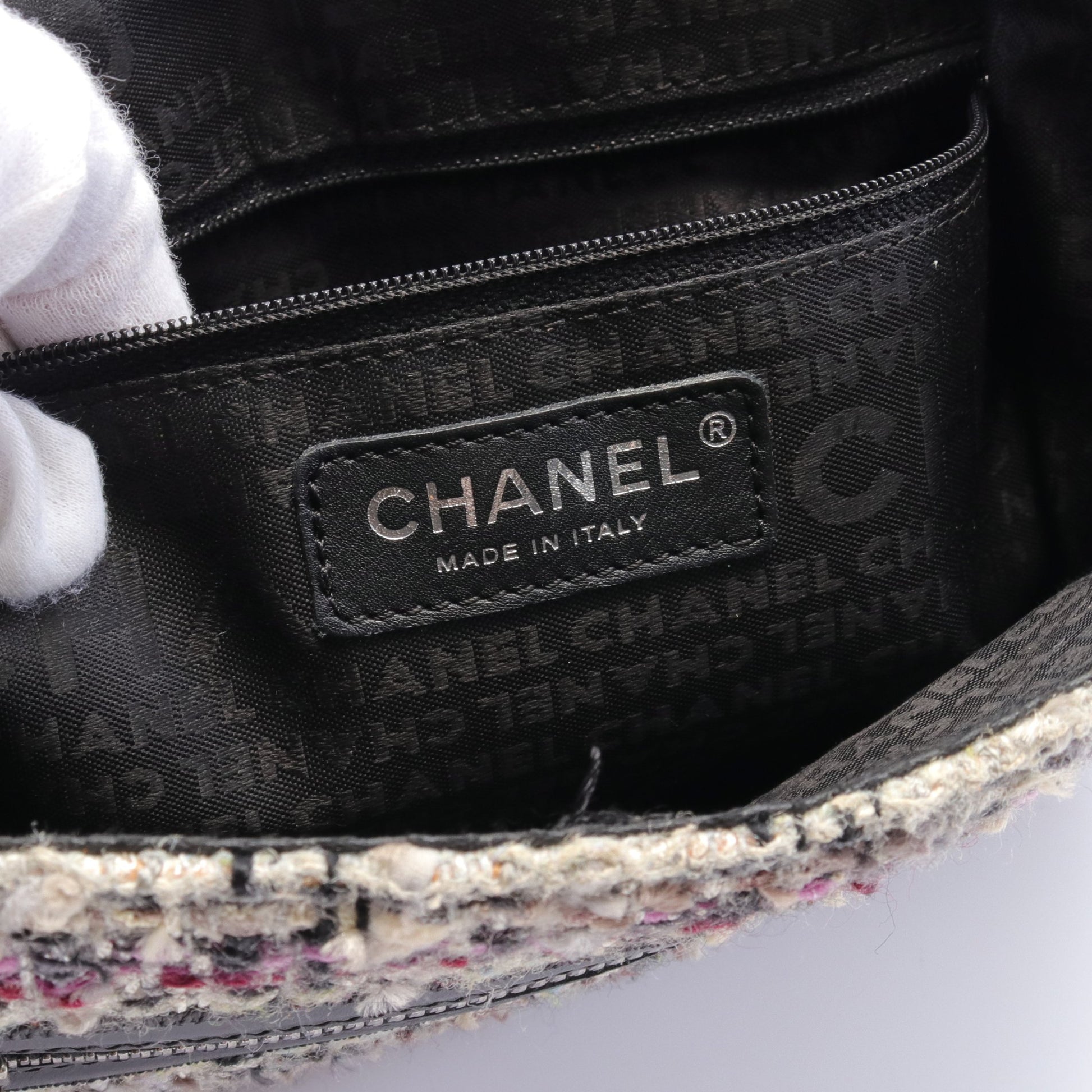 カメリア チェーンショルダーバッグ ツイード グレー マルチカラー シルバー金具 シャネル バッグ CHANEL