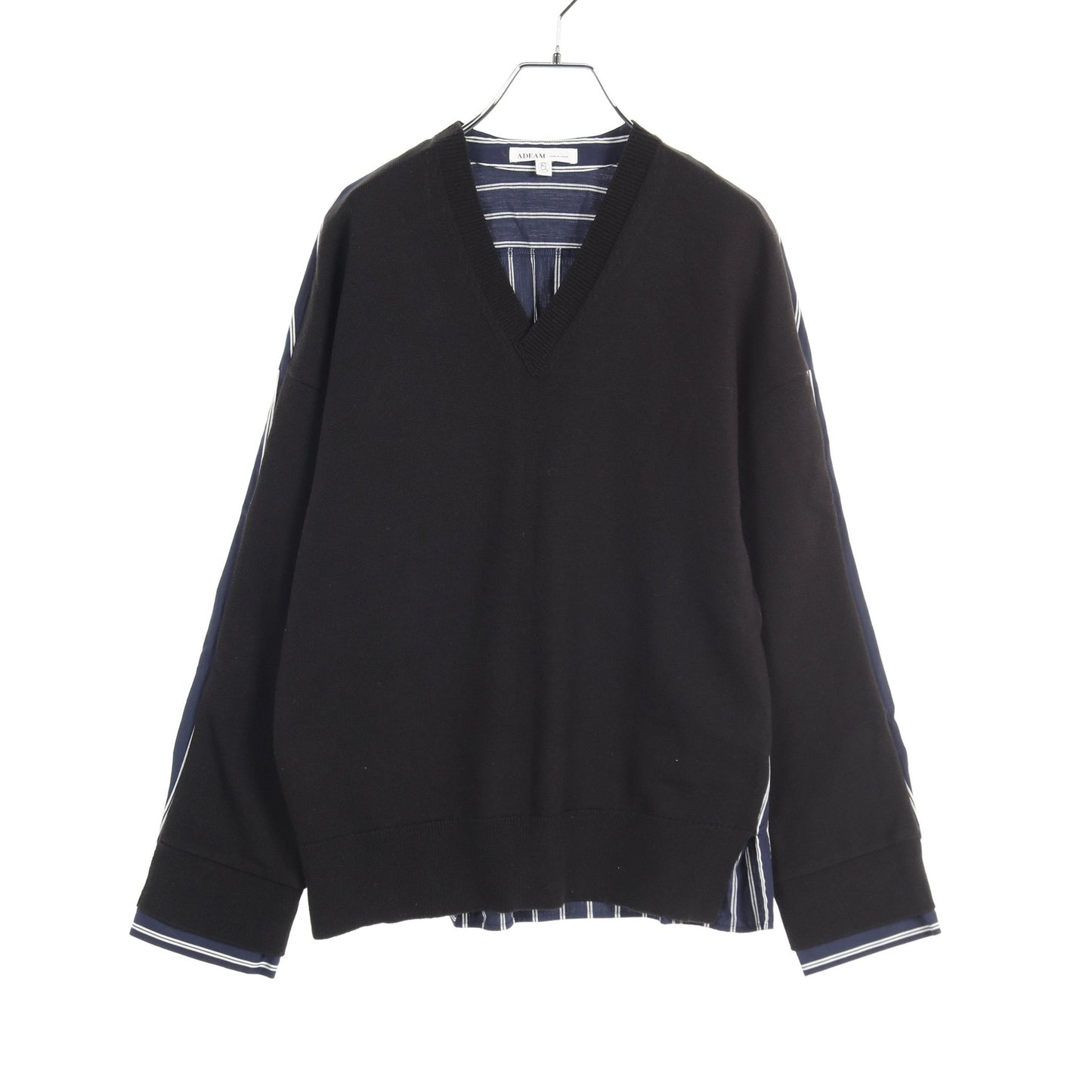 CAT STREET SWEATER キャット ストリート セーター トップス Vネック ストライプ コットン ブラック ネイビー ホワイト 切替 アディアム