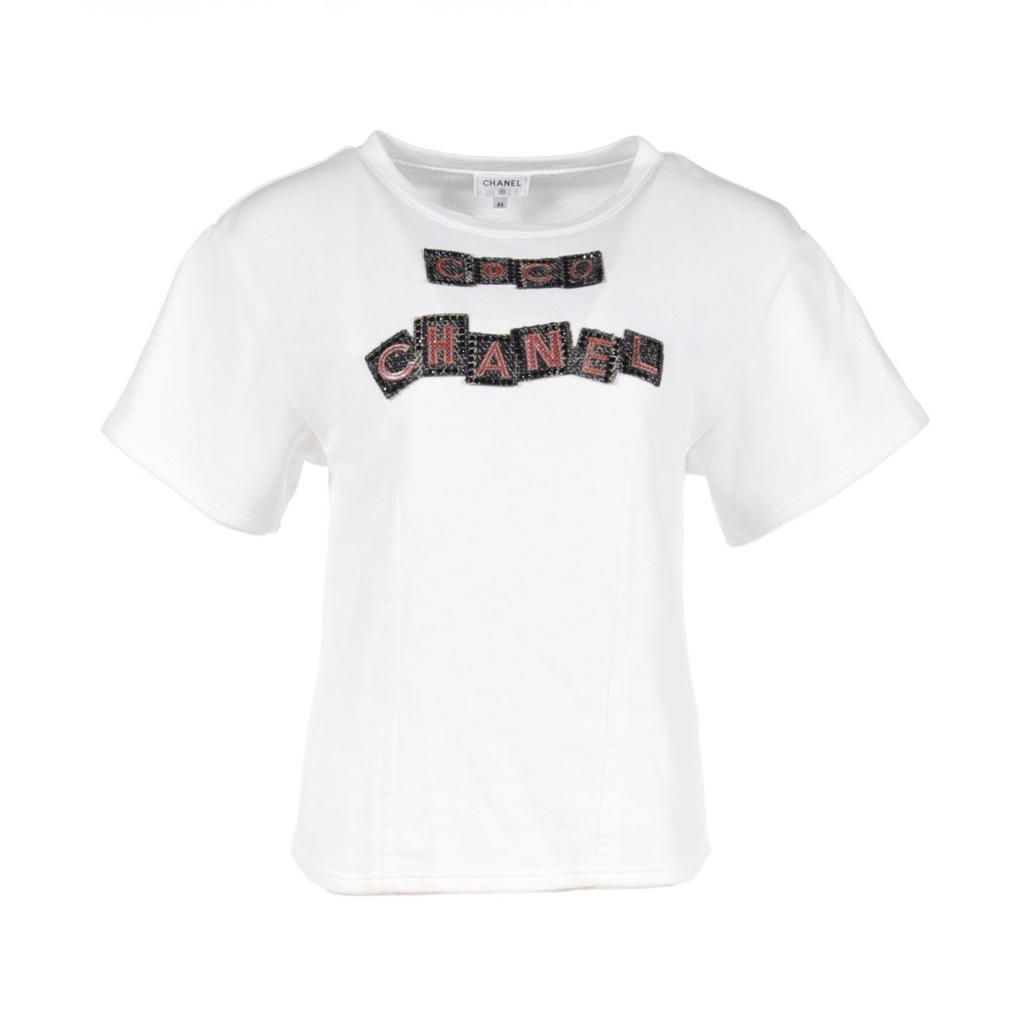 COCO CHANEL ロゴ スウェットシャツ Tシャツ クルーネック 半袖 コットン ホワイト ラインストーン 21AW シャネル トップス CHANEL