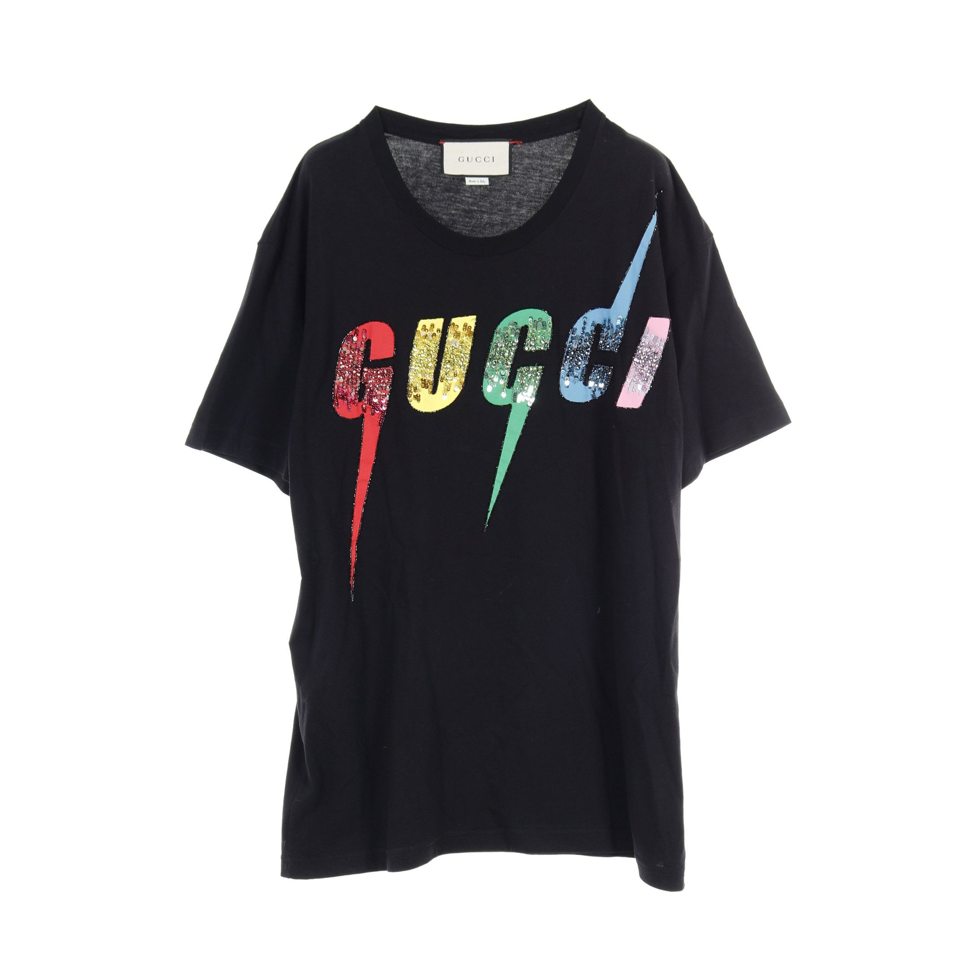 Tシャツ カットソー クルーネック ロゴ コットン ブラック スパンコール ラインストーン グッチ トップス GUCCI