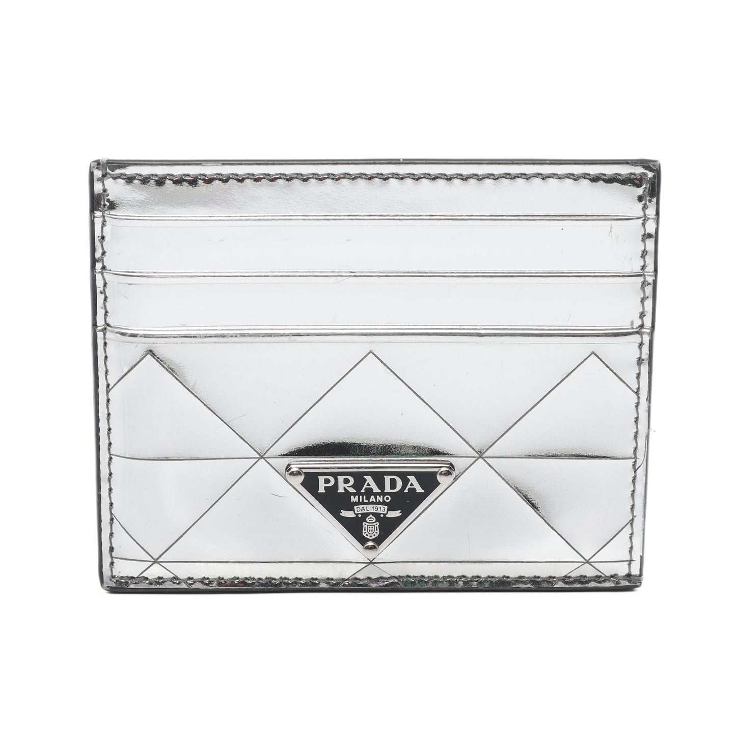 カードケース メタリック レザー シルバー 三角プレート プラダ 財布・小物 PRADA