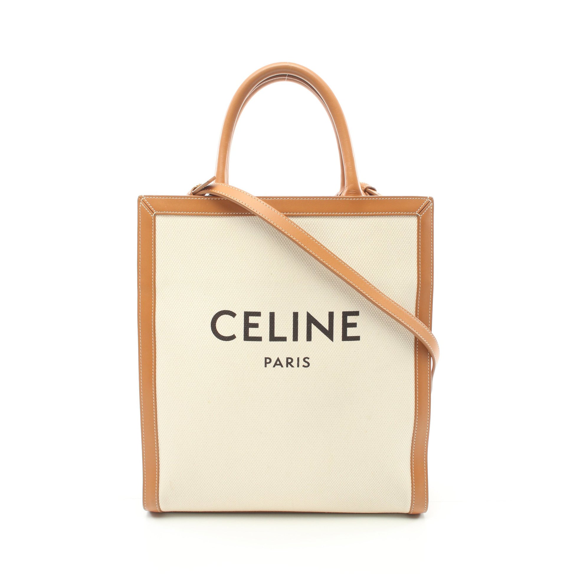 スモール バーティカル カバ ハンドバッグ トートバッグ キャンバス レザー オフホワイト ライトブラウン 2WAY セリーヌ バッグ CELINE