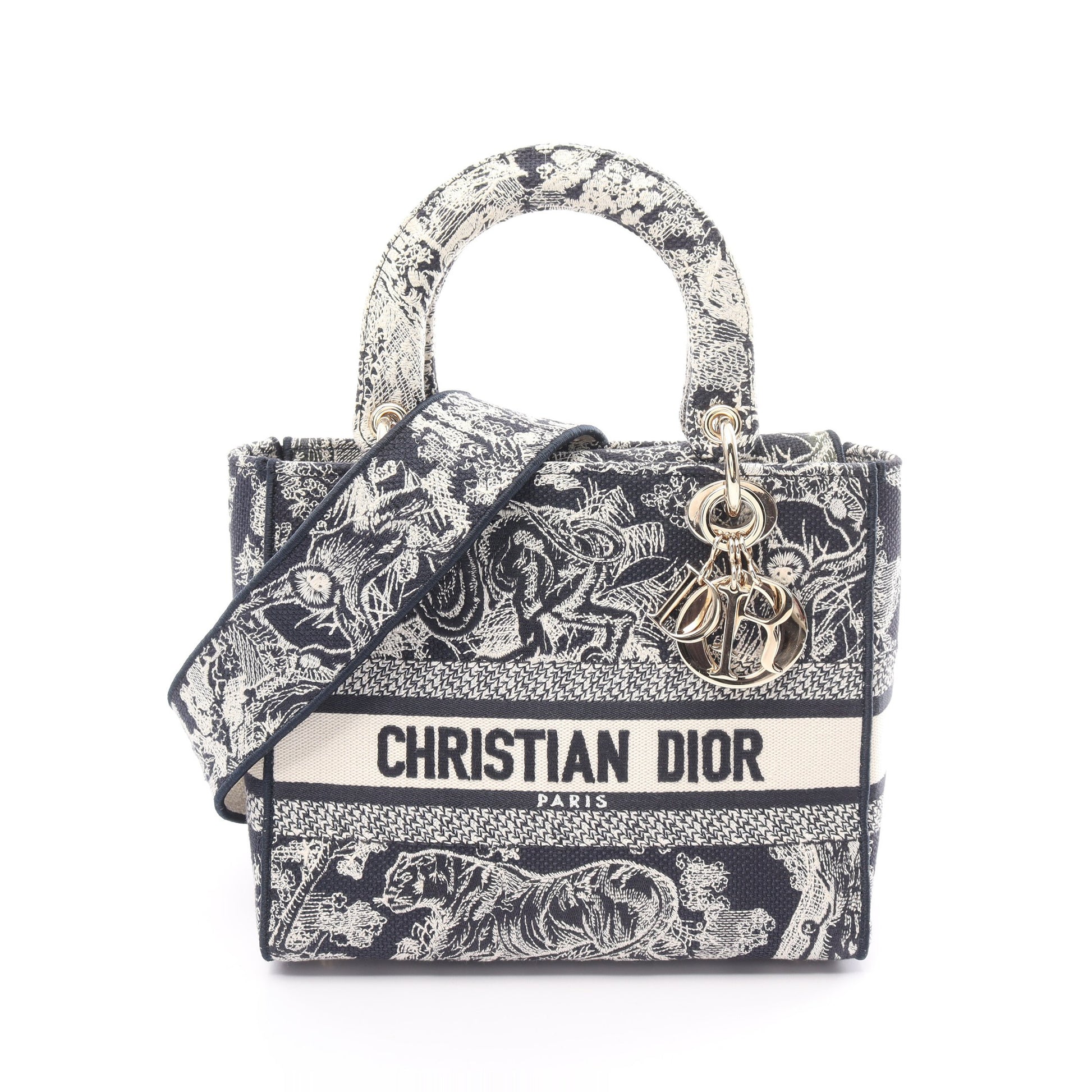 Lady D-Lite ミディアムバッグ エンブロイダリー ハンドバッグ キャンバス アイボリー ネイビー 2WAY クリスチャンディオール バッグ Christian Dior