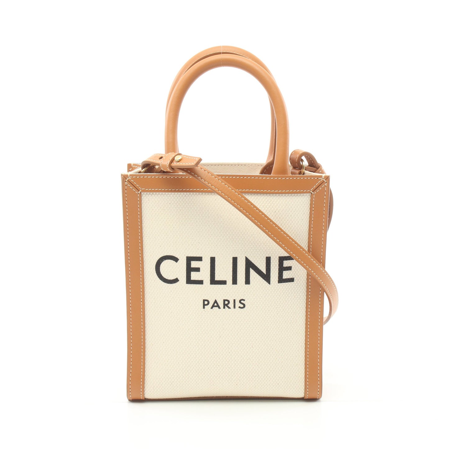 ミニ バーティカルカバ ハンドバッグ キャンバス レザー アイボリー ライトブラウン 2WAY セリーヌ バッグ CELINE