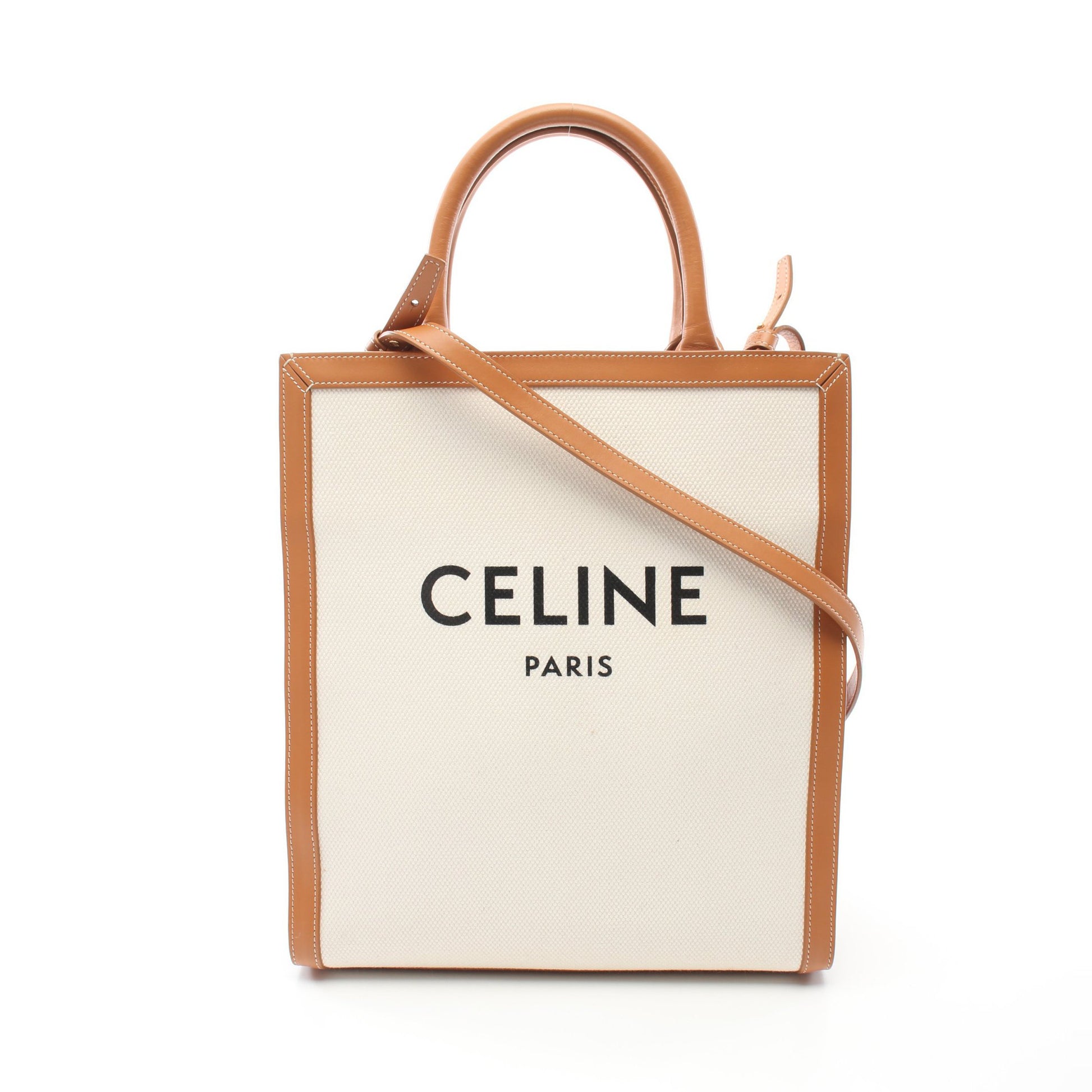 スモール バーティカル CELINE カバ ハンドバッグ トートバッグ キャンバス レザー オフホワイト ライトブラウン 2WAY セリーヌ バッグ CELINE