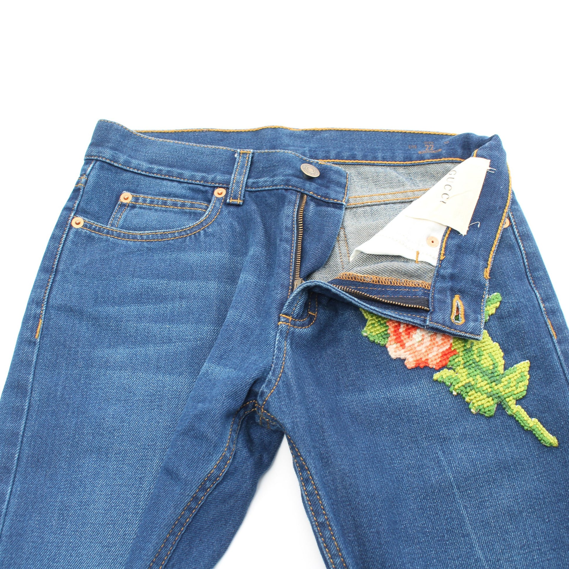 EMBROIDERED FLOWER ROARING TIGER JEANS デニムパンツ コットン ブルー グッチ ボトムス GUCCI