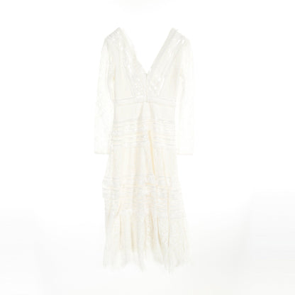 Tiered Lace Fringe Midi Dress ドレスワンピース 長袖 オフホワイト タダシショージ ワンピース TADASHI SHOJI