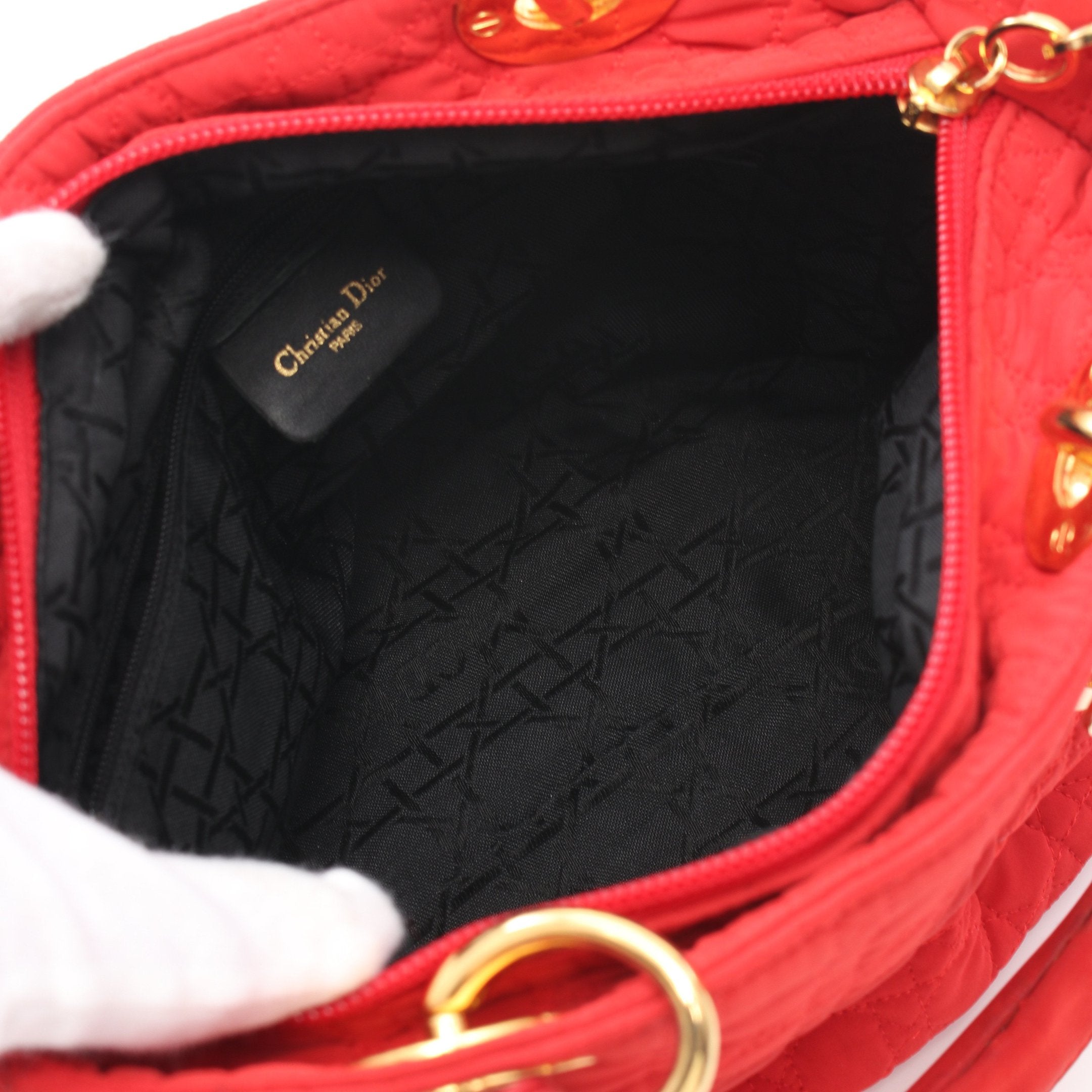 レディディオール カナージュ ハンドバッグ ナイロン オレンジレッド