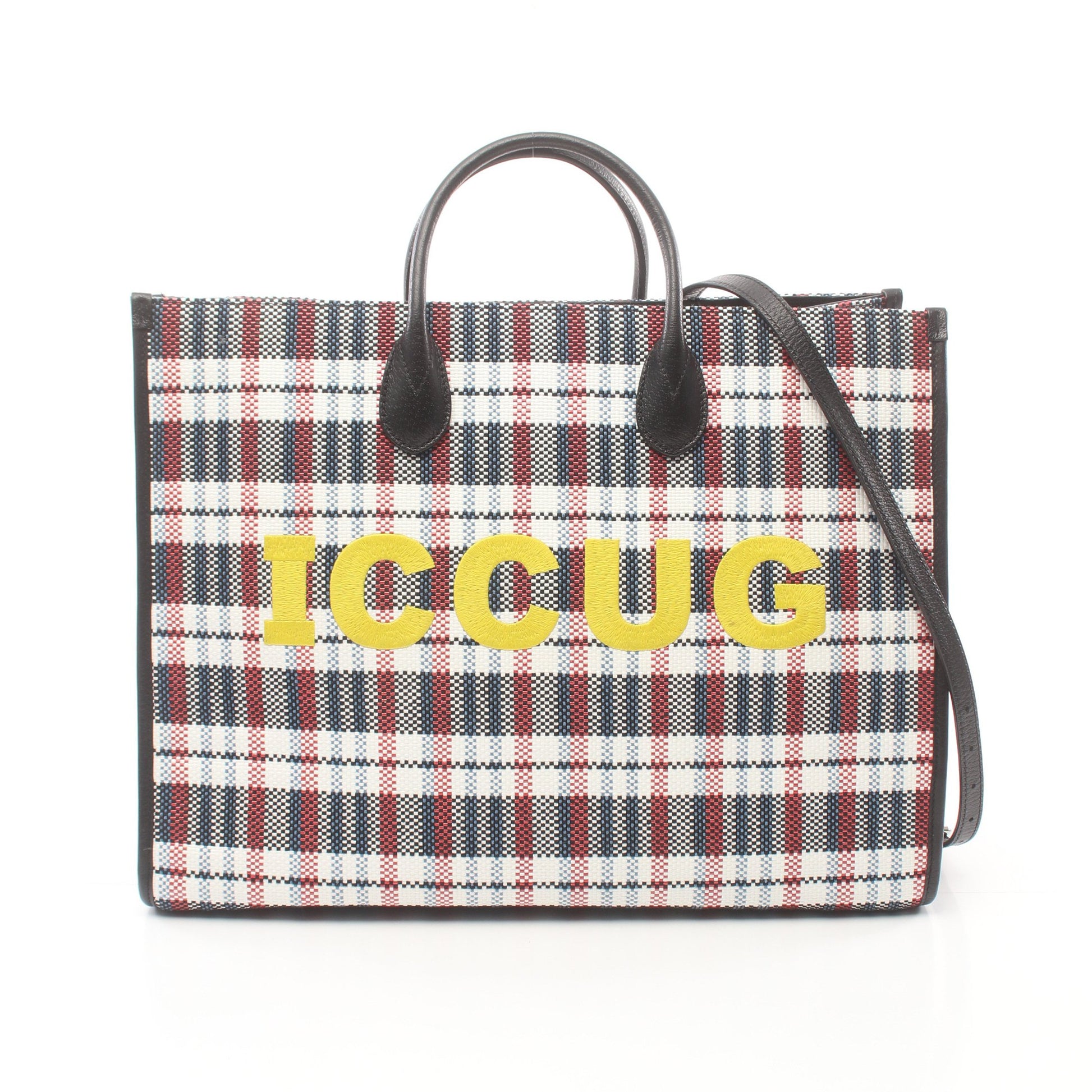 ICCUG ハンドバッグ トートバッグ チェック ナイロン レザー ホワイト ブラック マルチカラー 2WAY グッチ バッグ GUCCI