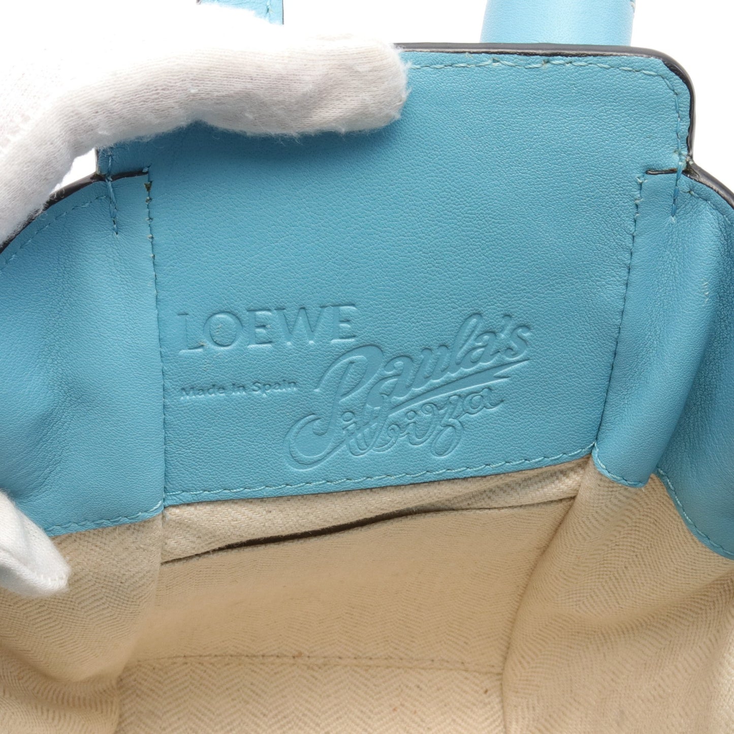 LOEWE × Paula's Ibiza ハンモック ドローストリングバッグ ミニ ウォーターリリー ハンドバッグ レザー キャンバス ライトブルー マルチカラー 2WAY ロエベ バッグ LOEWE