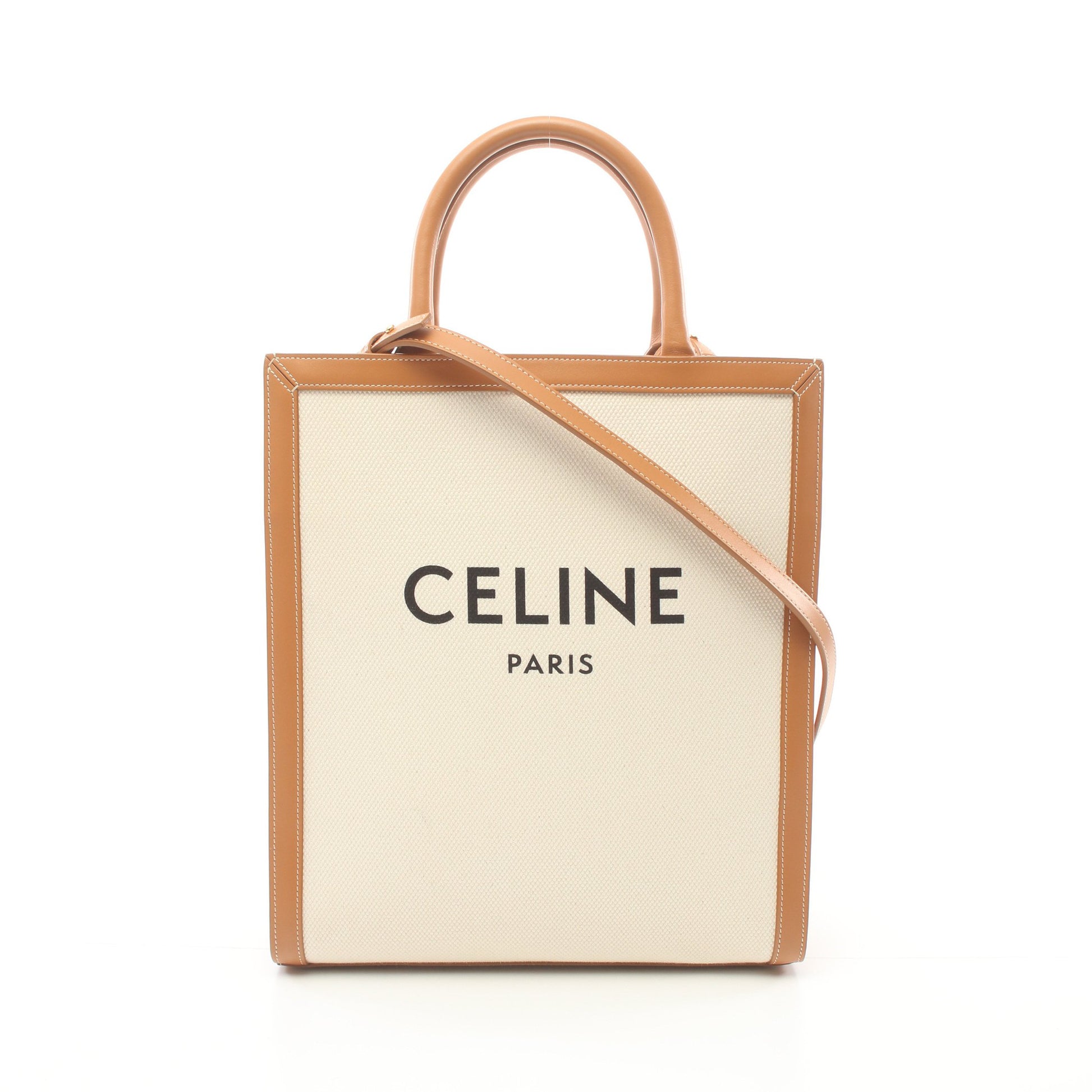 スモール バーティカル カバ ハンドバッグ トートバッグ キャンバス レザー オフホワイト ブラウン 2WAY セリーヌ バッグ CELINE