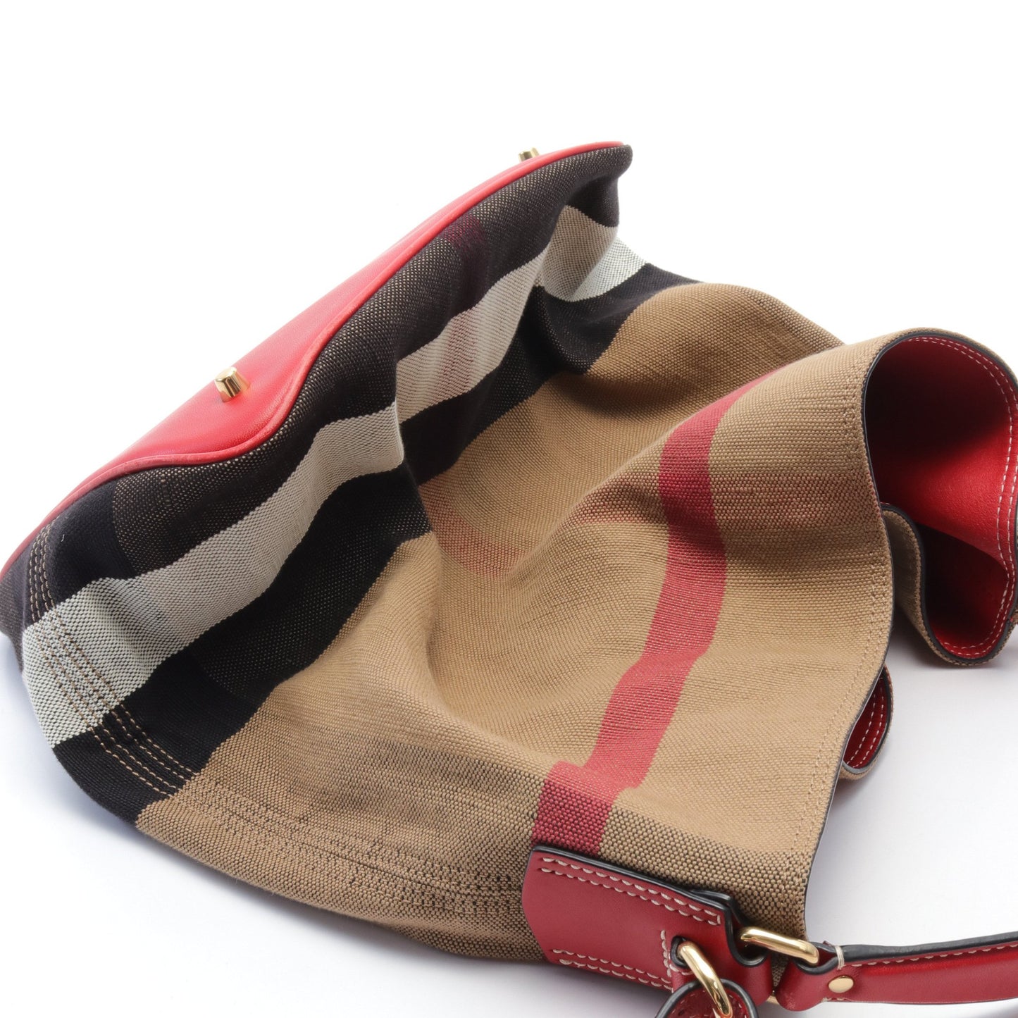 ASHBY MEDIUM CANVAS CHECK HOBO ショルダーバッグ リネンキャンバス レザー ライトブラウン レッド マルチカラー 2WAY バーバリー バッグ BURBERRY