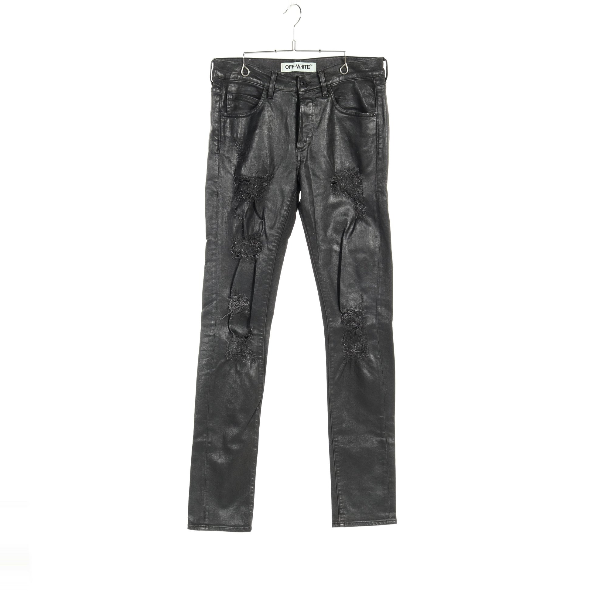 WAX BLACK DENIM DISTRESSED SLIM JEANS SKINNY RIPPED デニムパンツ コットン ブラック ダメージ加工 オフホワイト ボトムス OFF-WHITE