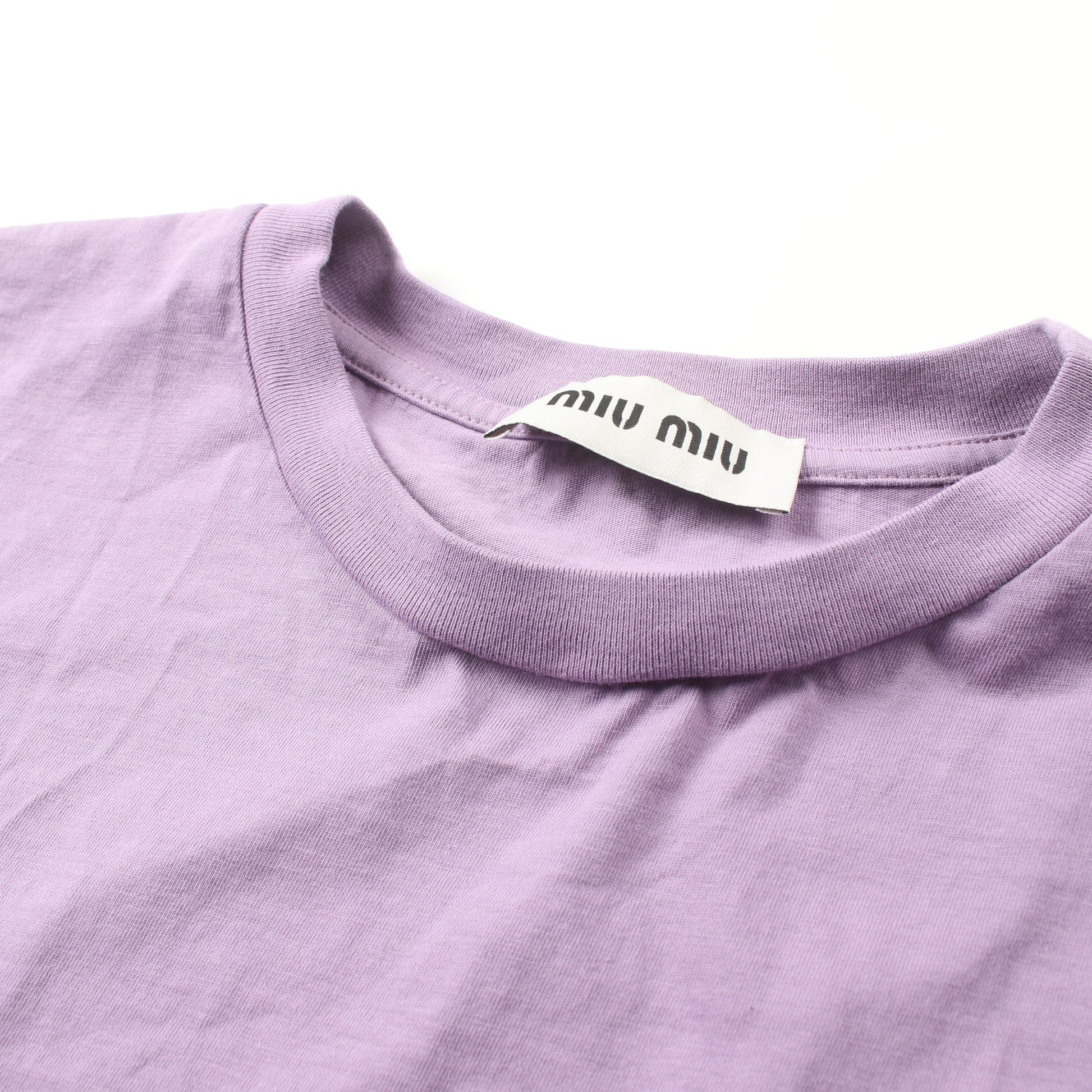 Tシャツ クルーネック ロゴパッチ コットン パープル ミュウミュウ トップス miu miu