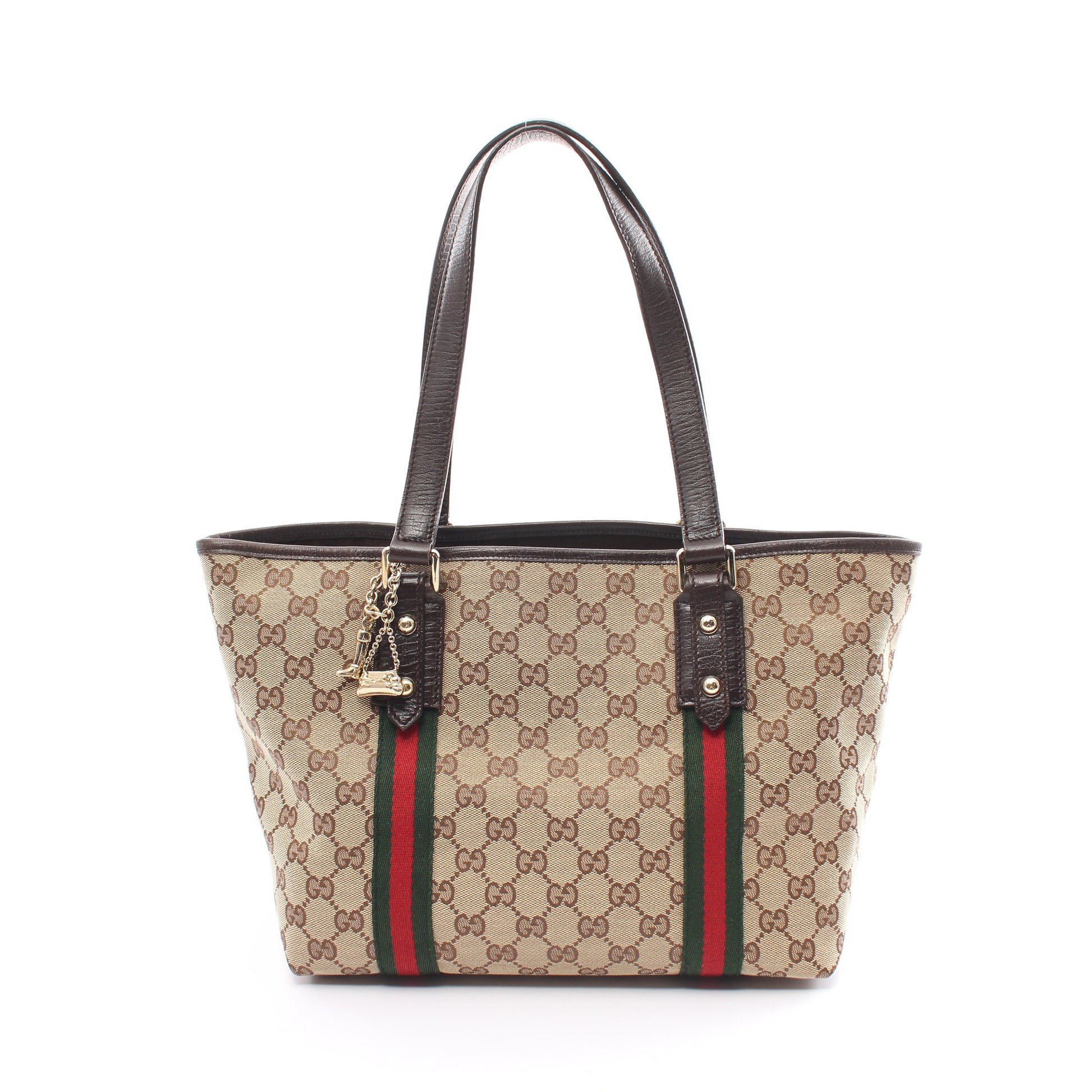 GGキャンバス シェリーライン ハンドバッグ トートバッグ キャンバス レザー ベージュ マルチカラー チャーム付き グッチ バッグ GUCCI