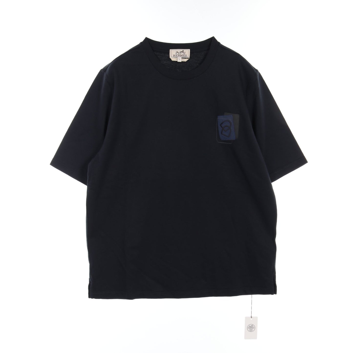 Tシャツ クルーネック レザーパッチ コットン ネイビー 23AW エルメス