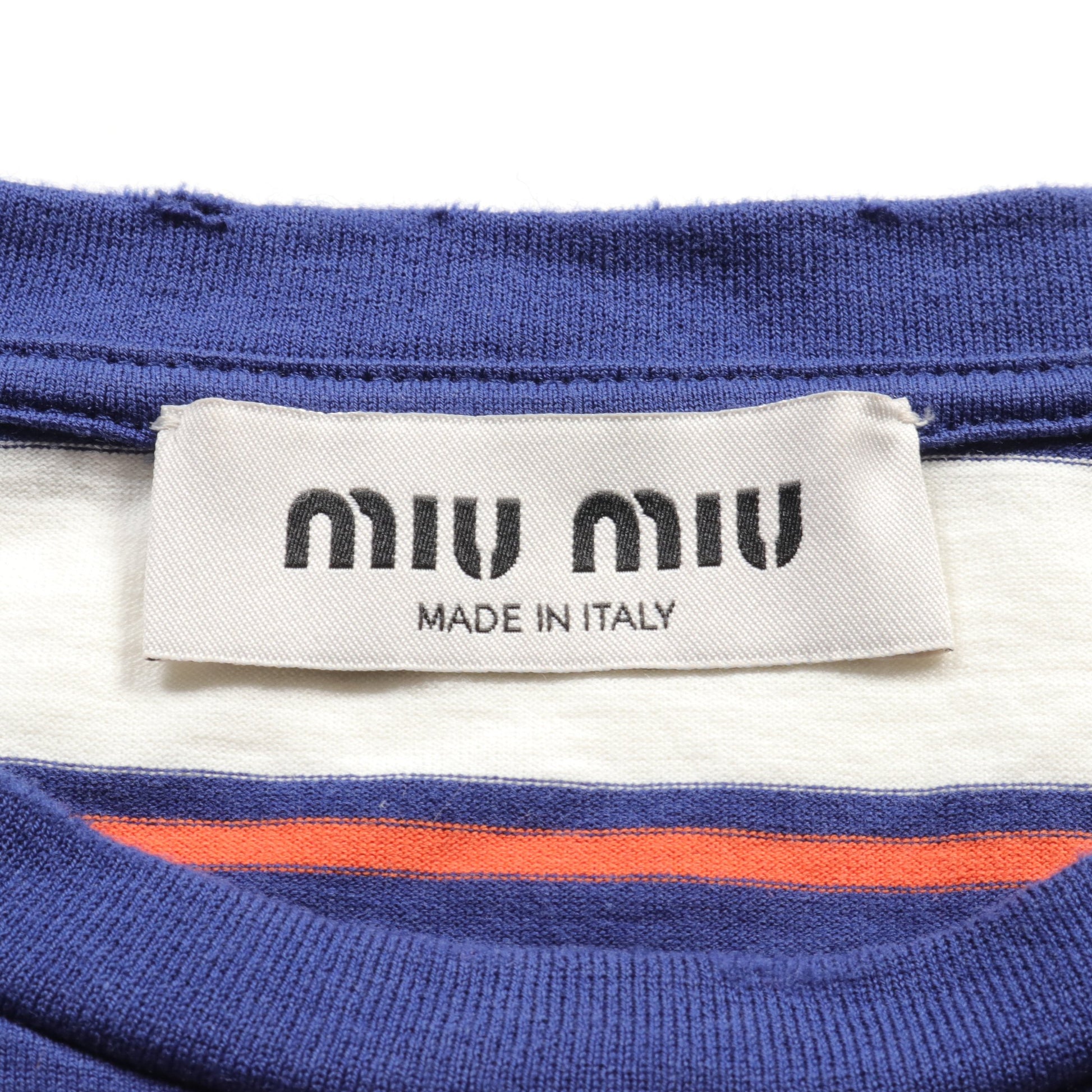 Tシャツ ボーダー コットン ネイビー アイボリー オレンジ ダメージ加工 ミュウミュウ トップス miu miu