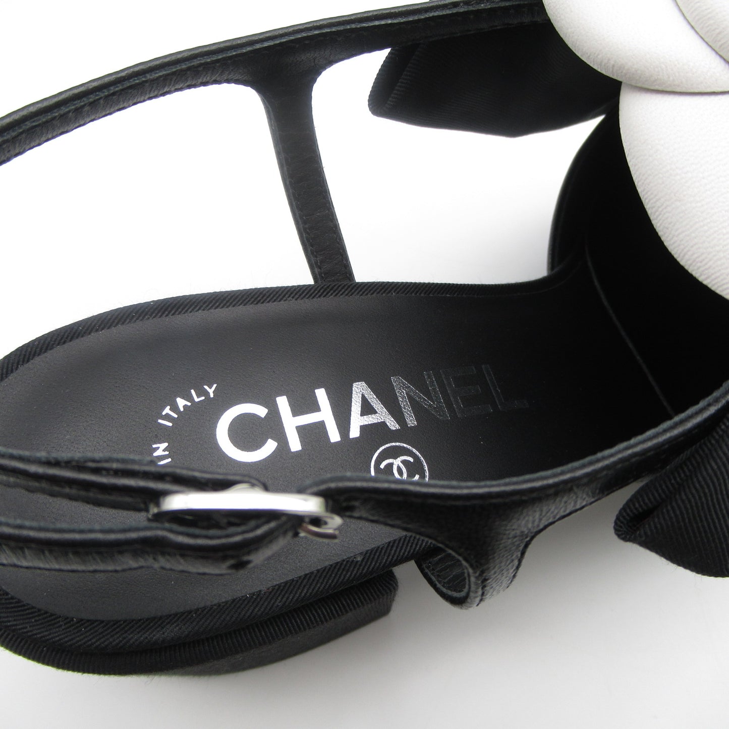 スリングバッグシューズ カメリア サンダル レザー ブラック ホワイト シャネル シューズ CHANEL