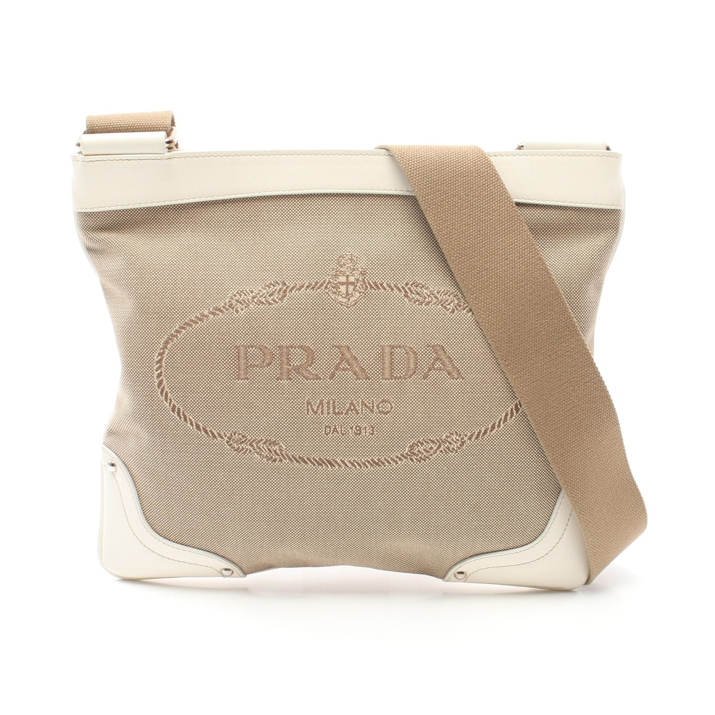 LOGO JACQUARD ショルダーバッグ キャンバス レザー ベージュ ホワイト プラダ バッグ PRADA