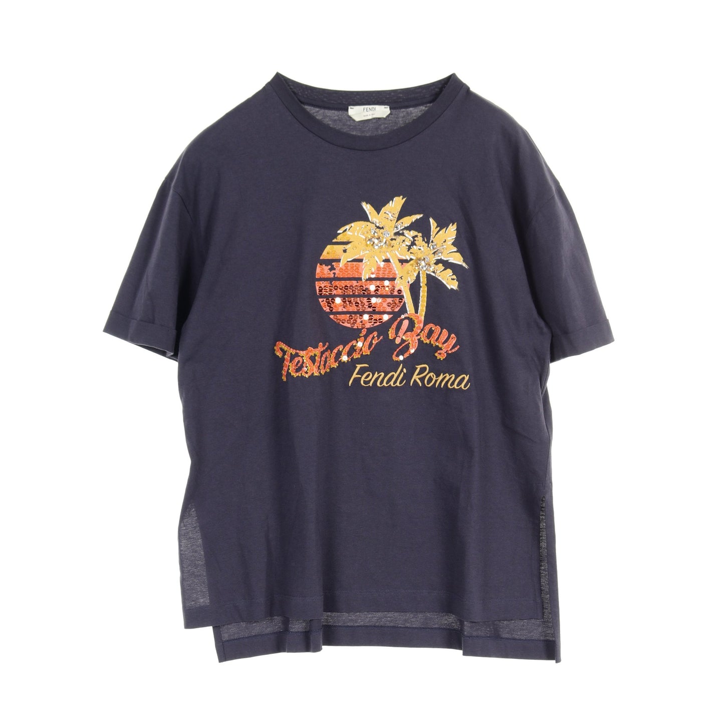 ポップツアー テスタッチョ ベイ Tシャツ コットン ネイビー スパンコール ビジュー フェンディ トップス FENDI