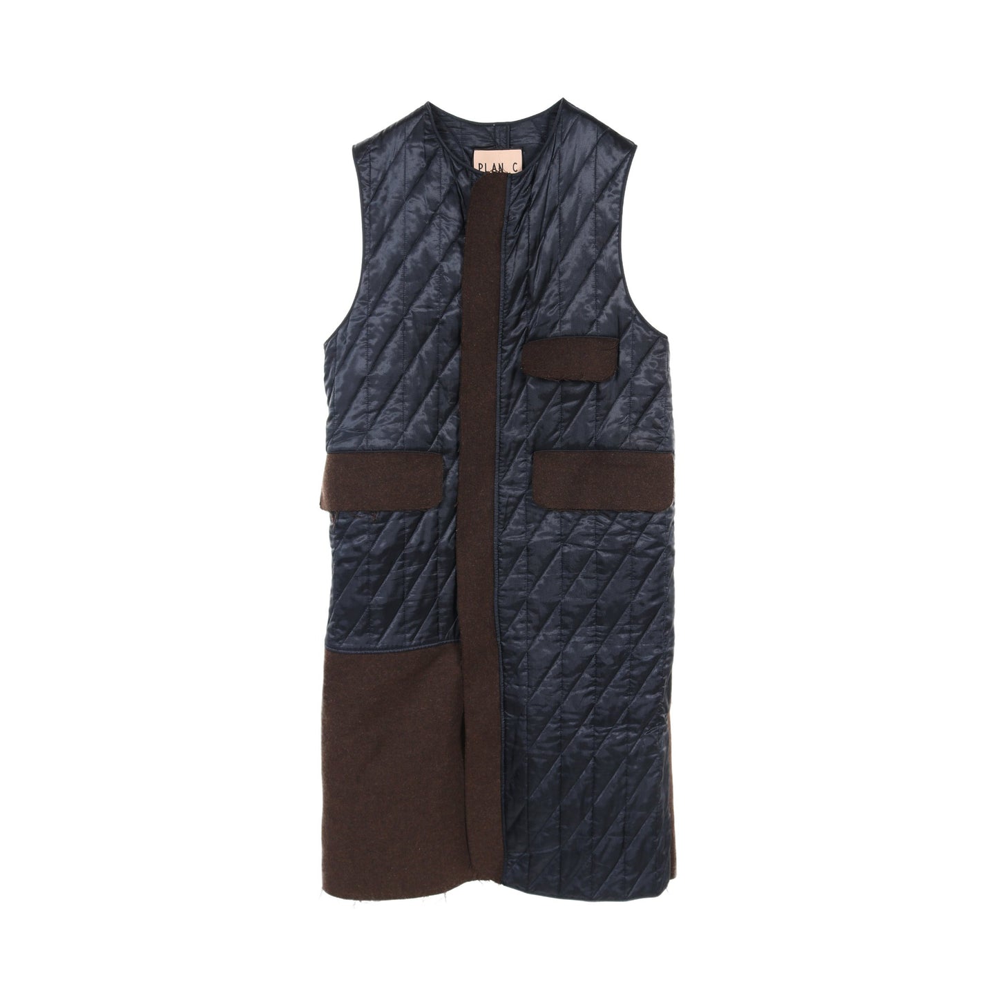 Patchwork long vest ロングジレ ベスト レーヨン ウール ネイビー ダークブラウン 切替 カットオフ プランシー