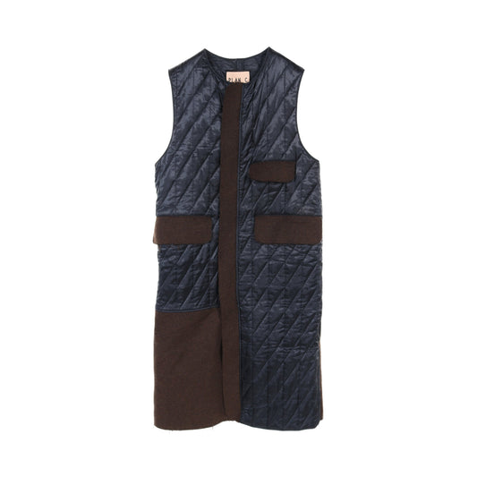 Patchwork long vest ロングジレ ベスト レーヨン ウール ネイビー ダークブラウン 切替 カットオフ プランシー