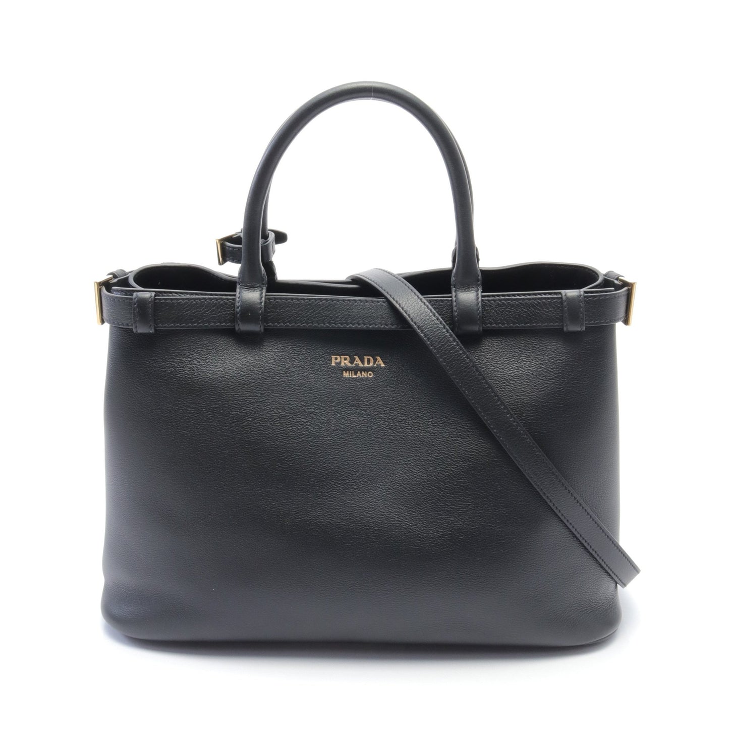 バックルダブルベルト ミディアム ハンドバッグ レザー ブラック 2WAY プラダ バッグ PRADA