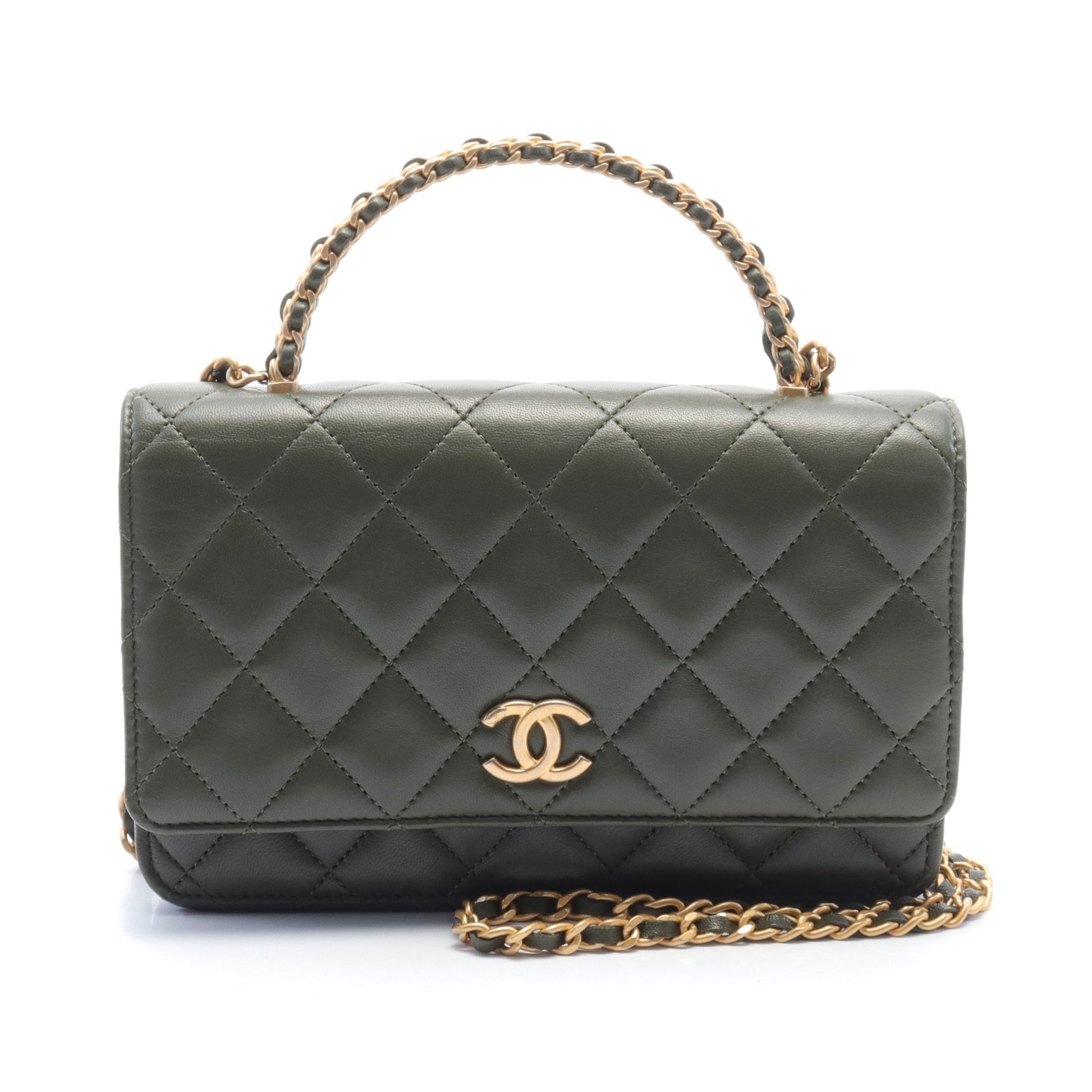 トップハンドル マトラッセ チェーンウォレット レザー カーキグリーン マットゴールド金具 シャネル バッグ CHANEL