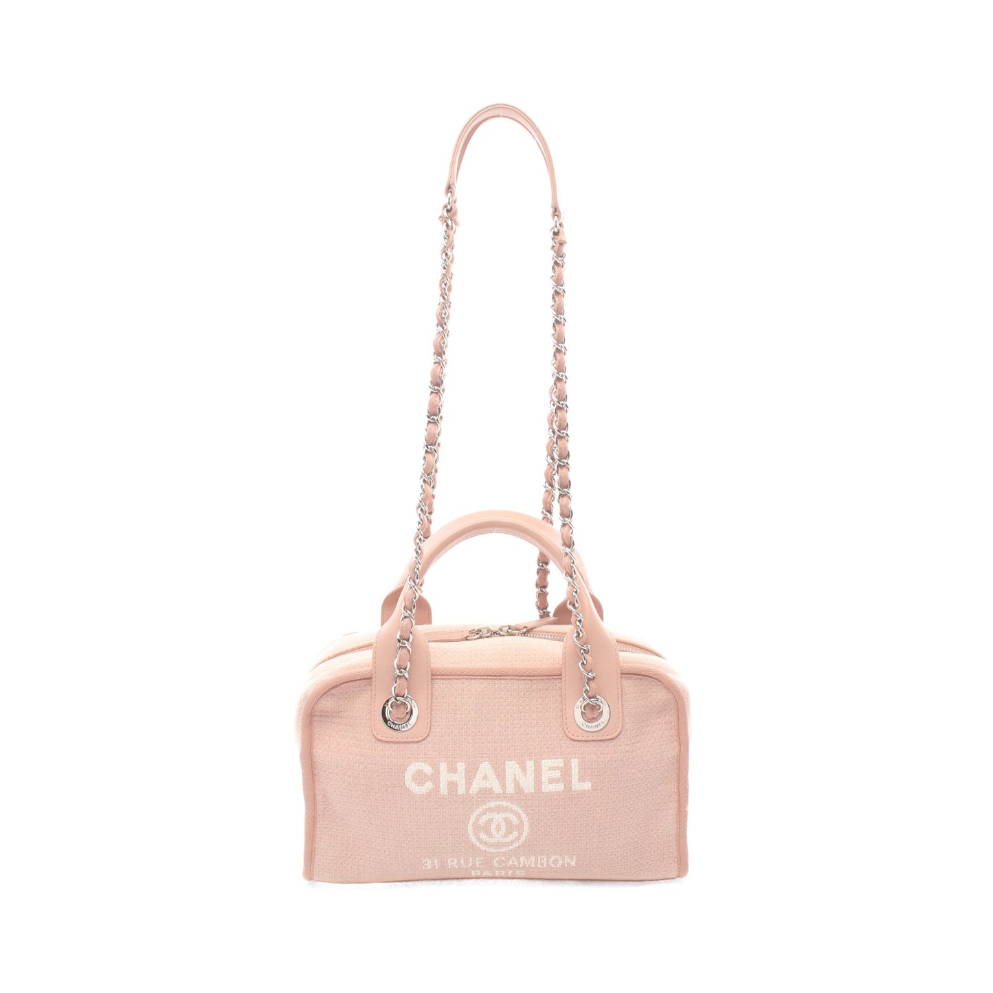 ドーヴィル ボーリングバッグ チェーンショルダーバッグ キャンバス レザー ピンク シルバー金具 シャネル バッグ CHANEL