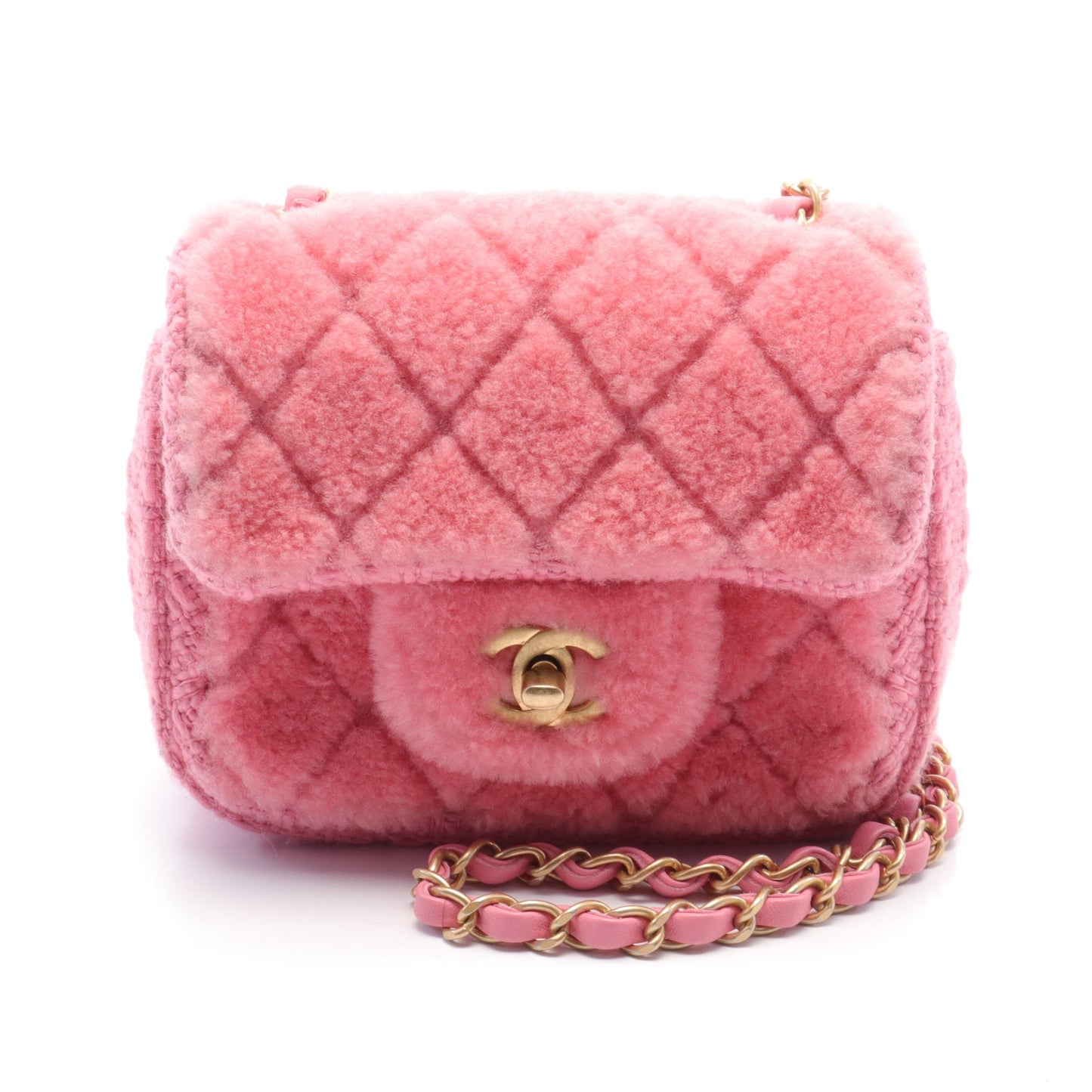 ミニマトラッセ チェーンショルダーバッグ ボア ツイード ピンク マットゴールド金具 シャネル バッグ CHANEL
