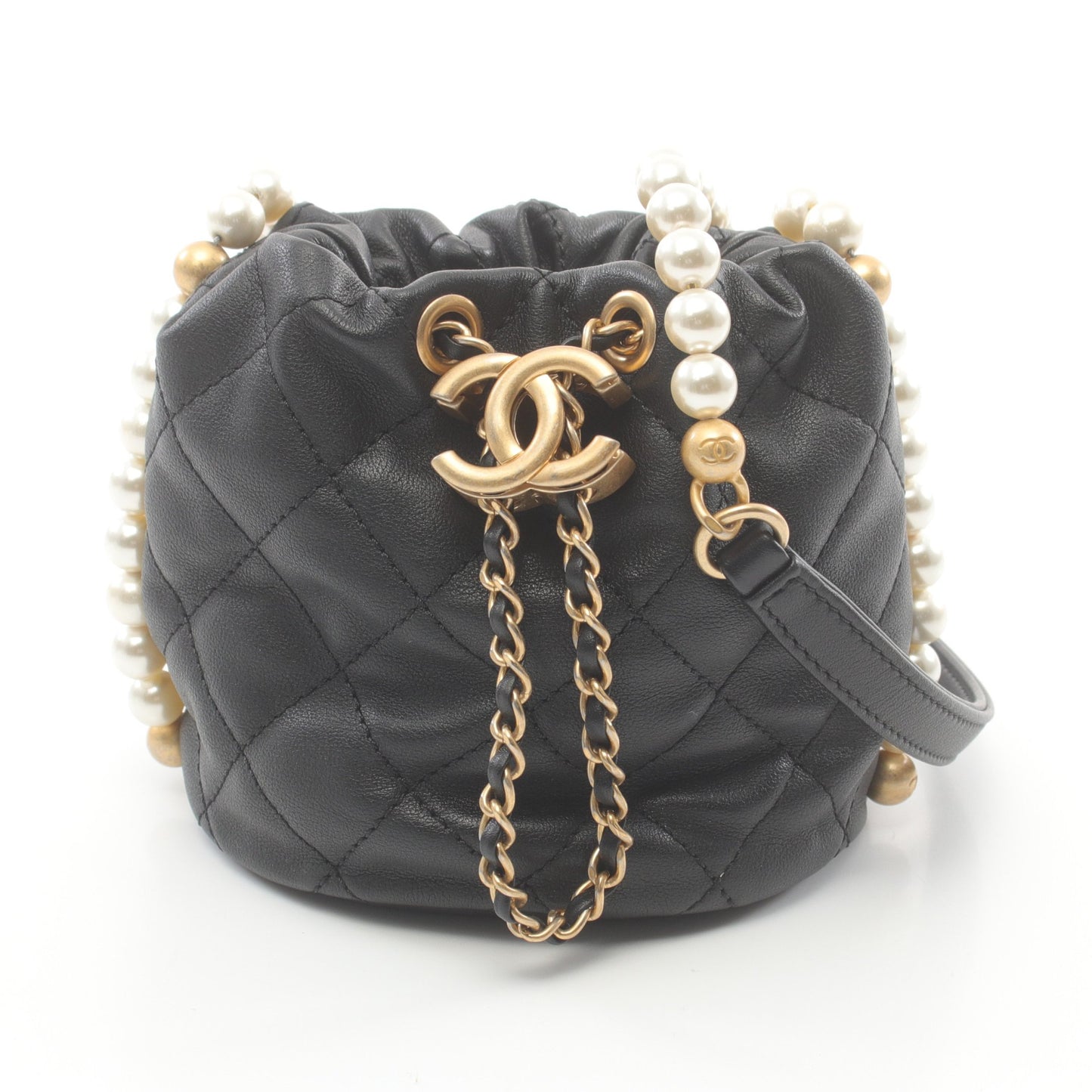 マトラッセ パール チェーンショルダーバッグ レザー ブラック ゴールド金具 巾着 シャネル バッグ CHANEL