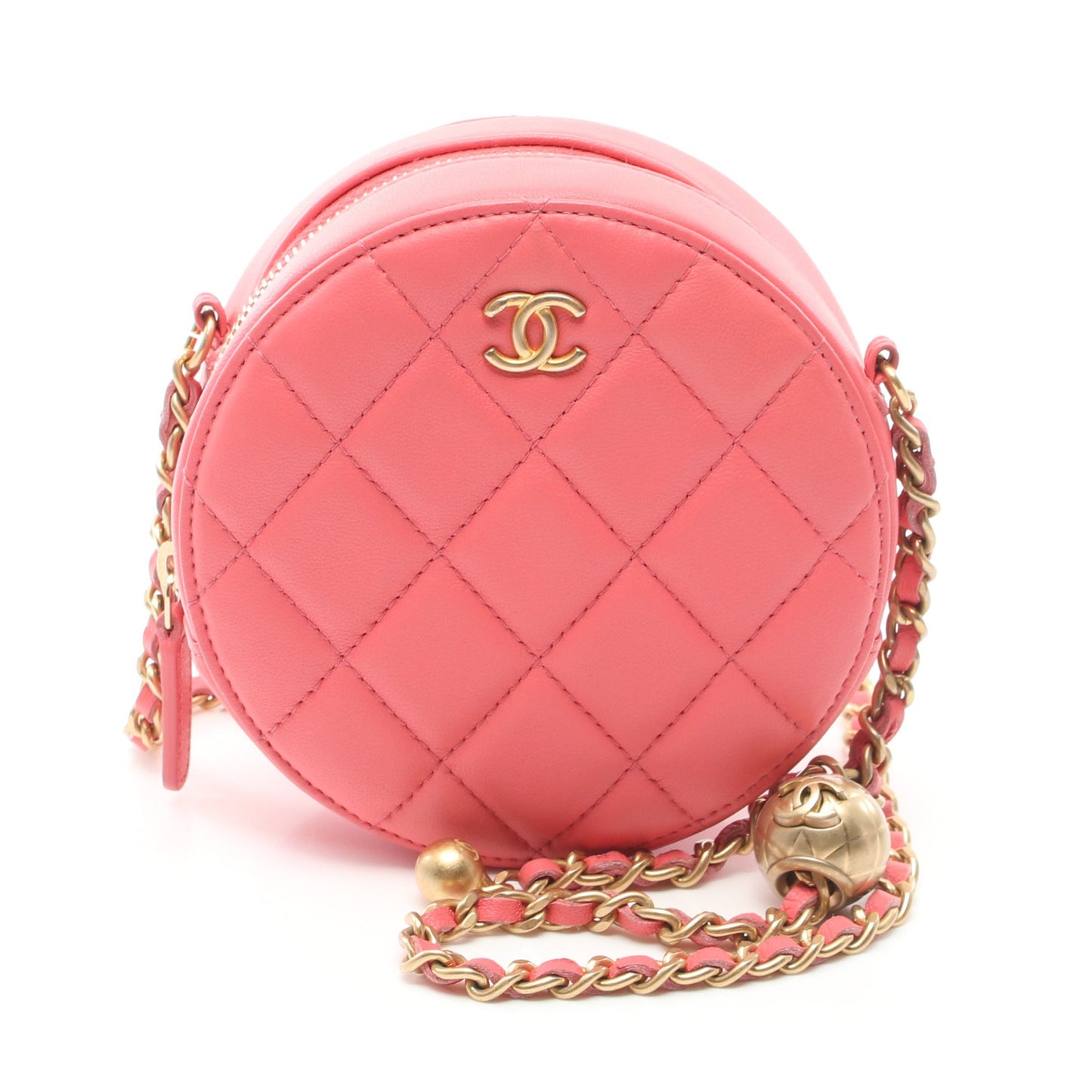 マトラッセ ラウンド ミニ チェーンショルダーバッグ ラムスキン コーラルピンク ゴールド金具 シャネル バッグ CHANEL