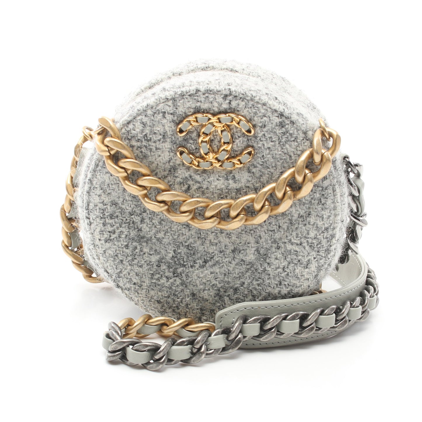 シャネル19 マトラッセ チェーンショルダーバッグ ツイード レザー グレー コンビ金具 シャネル バッグ CHANEL