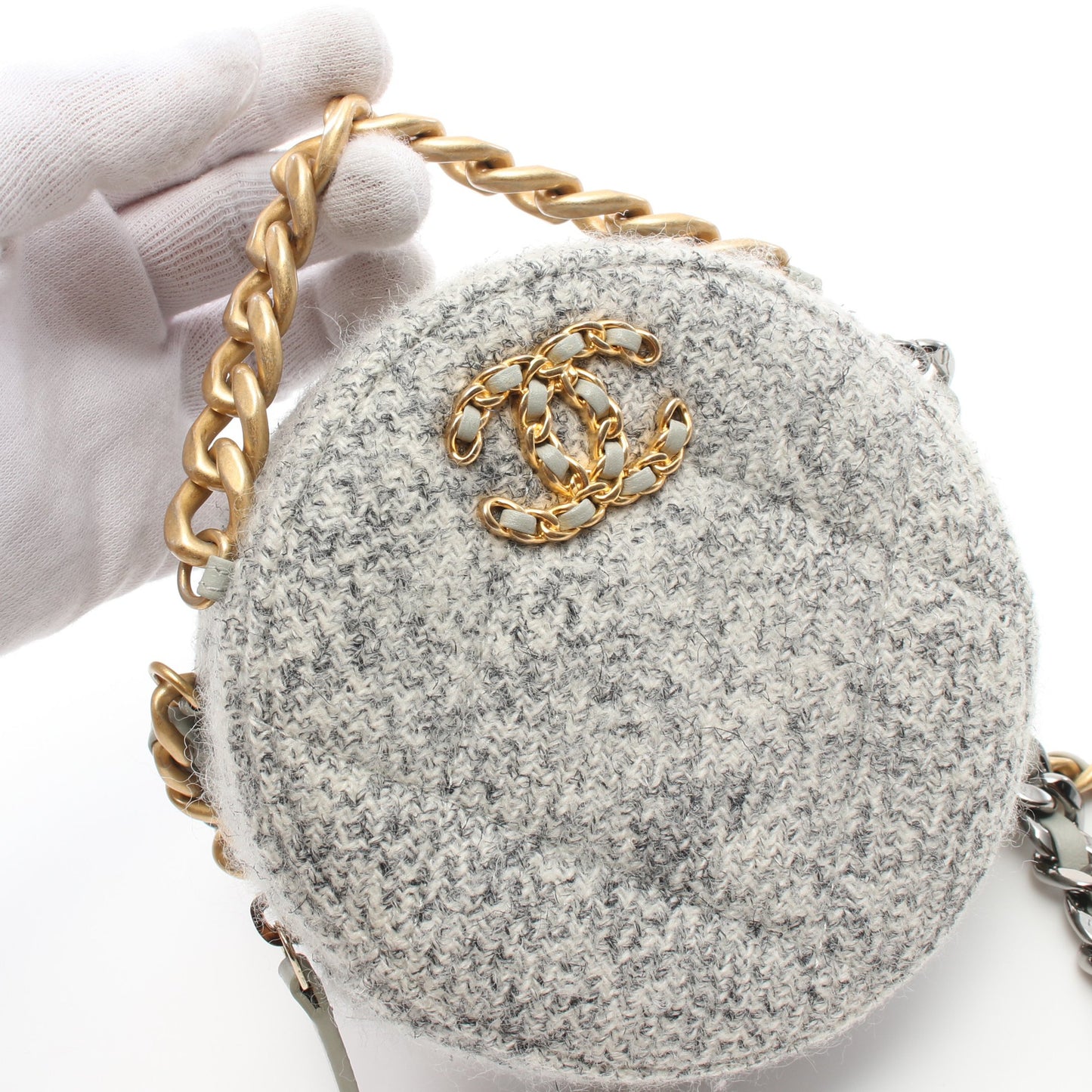 シャネル19 マトラッセ チェーンショルダーバッグ ツイード レザー グレー コンビ金具 シャネル バッグ CHANEL