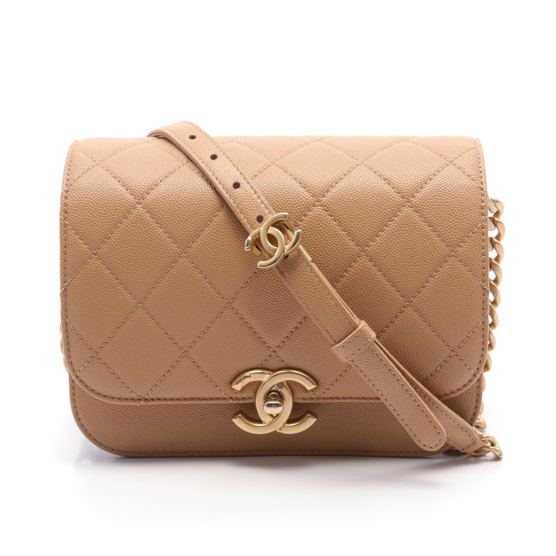 マトラッセ チェーンショルダーバッグ キャビアスキン ベージュ マットゴールド金具 シャネル バッグ CHANEL