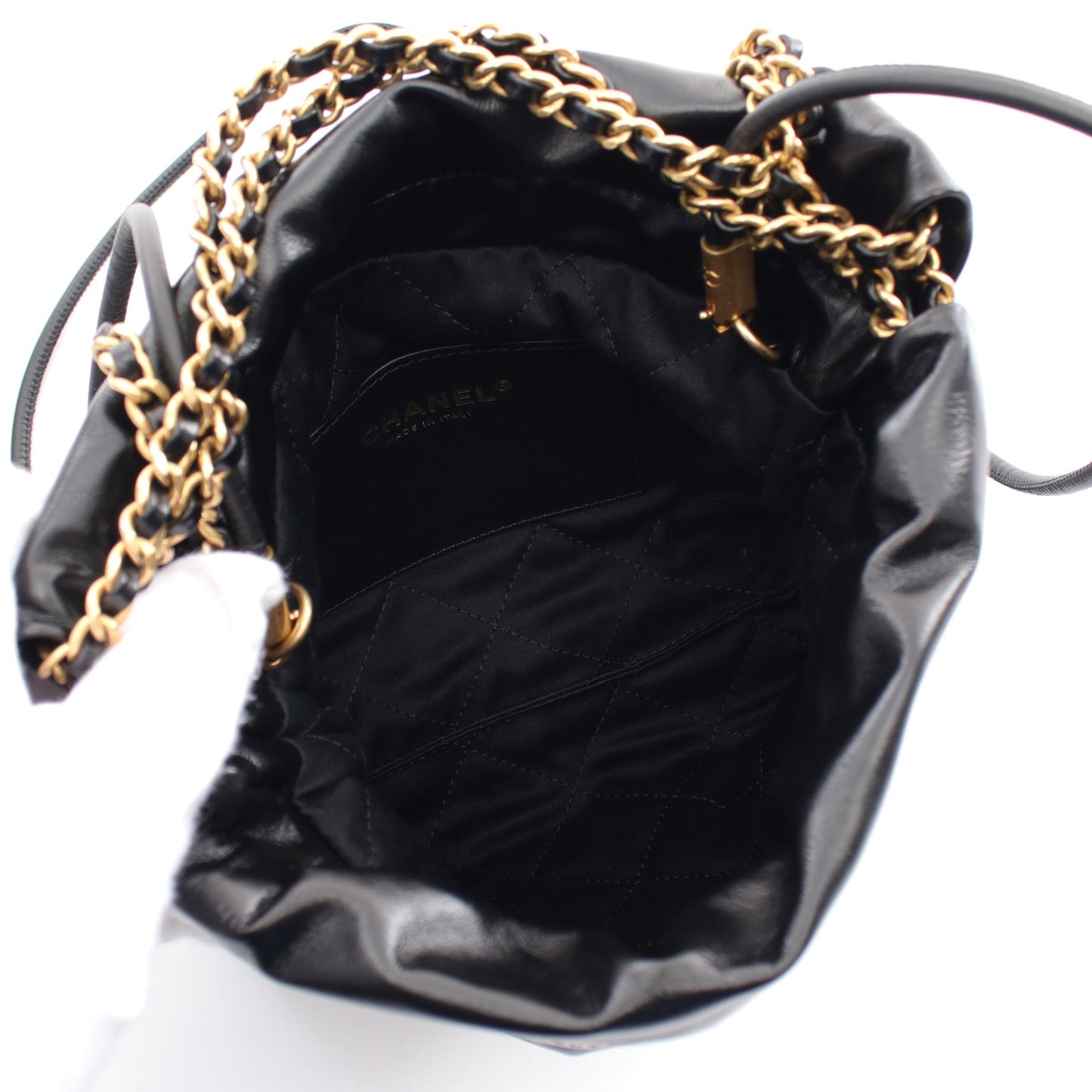 CHANEL 22 ミニ チェーンショルダーバッグ ボーダー ラムスキン ブラック オフホワイト ゴールド金具 2WAY シャネル バッグ CHANEL