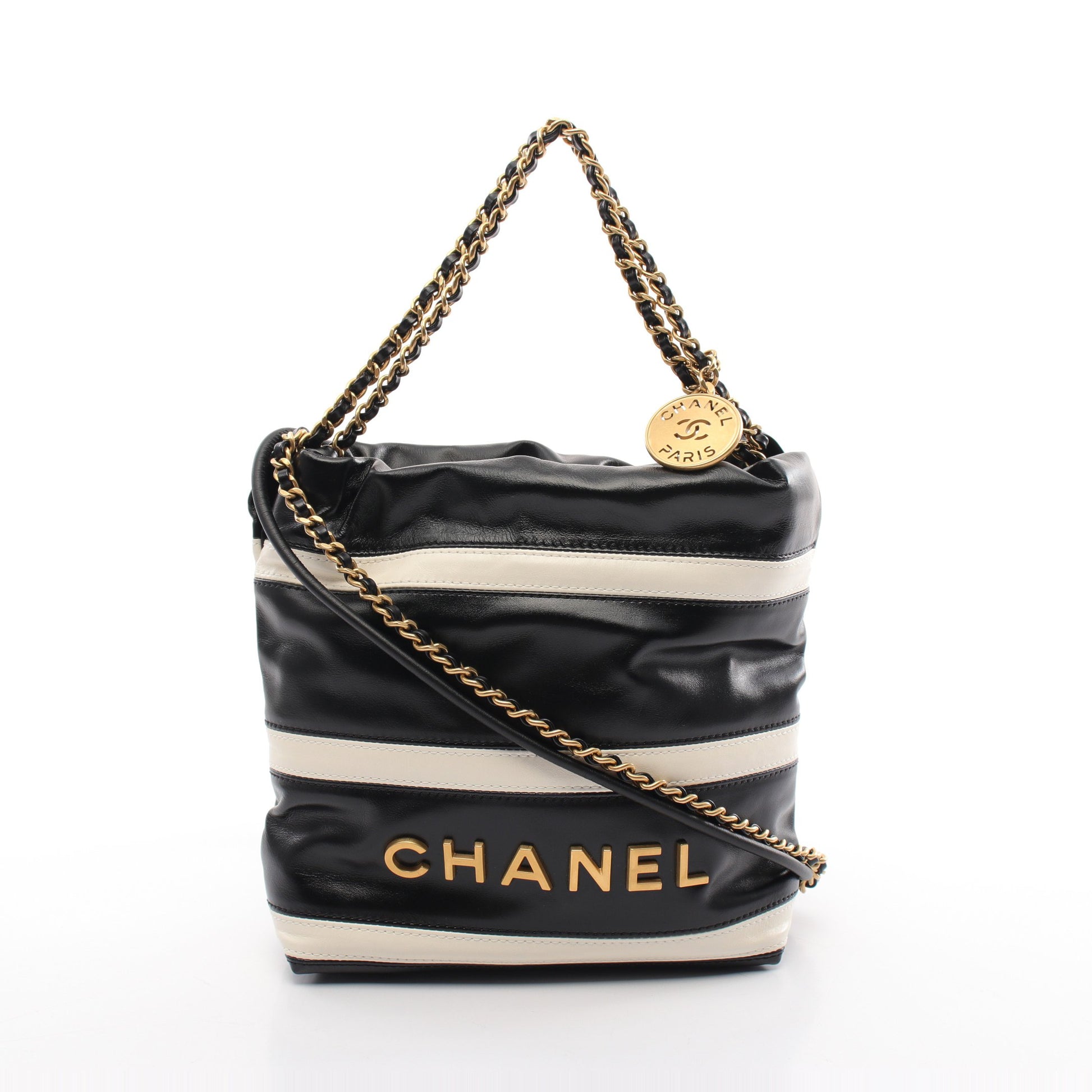 CHANEL 22 ミニ チェーンショルダーバッグ ボーダー ラムスキン ブラック オフホワイト ゴールド金具 2WAY シャネル バッグ CHANEL