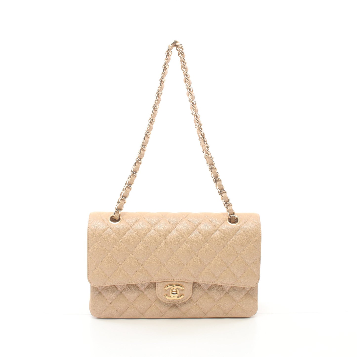マトラッセ Wフラップ Wチェーンショルダーバッグ キャビアスキン ベージュ ゴールド金具 シャネル バッグ CHANEL