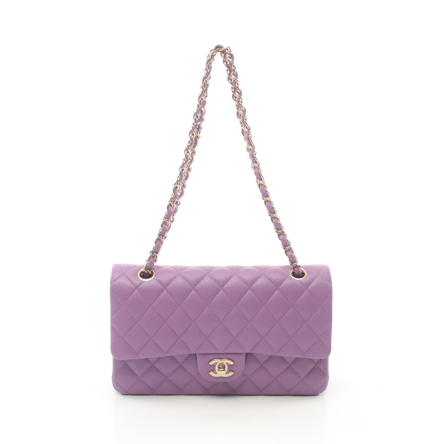 マトラッセ Wフラップ Wチェーンショルダーバッグ キャビアスキン パープル ゴールド金具 シャネル バッグ CHANEL