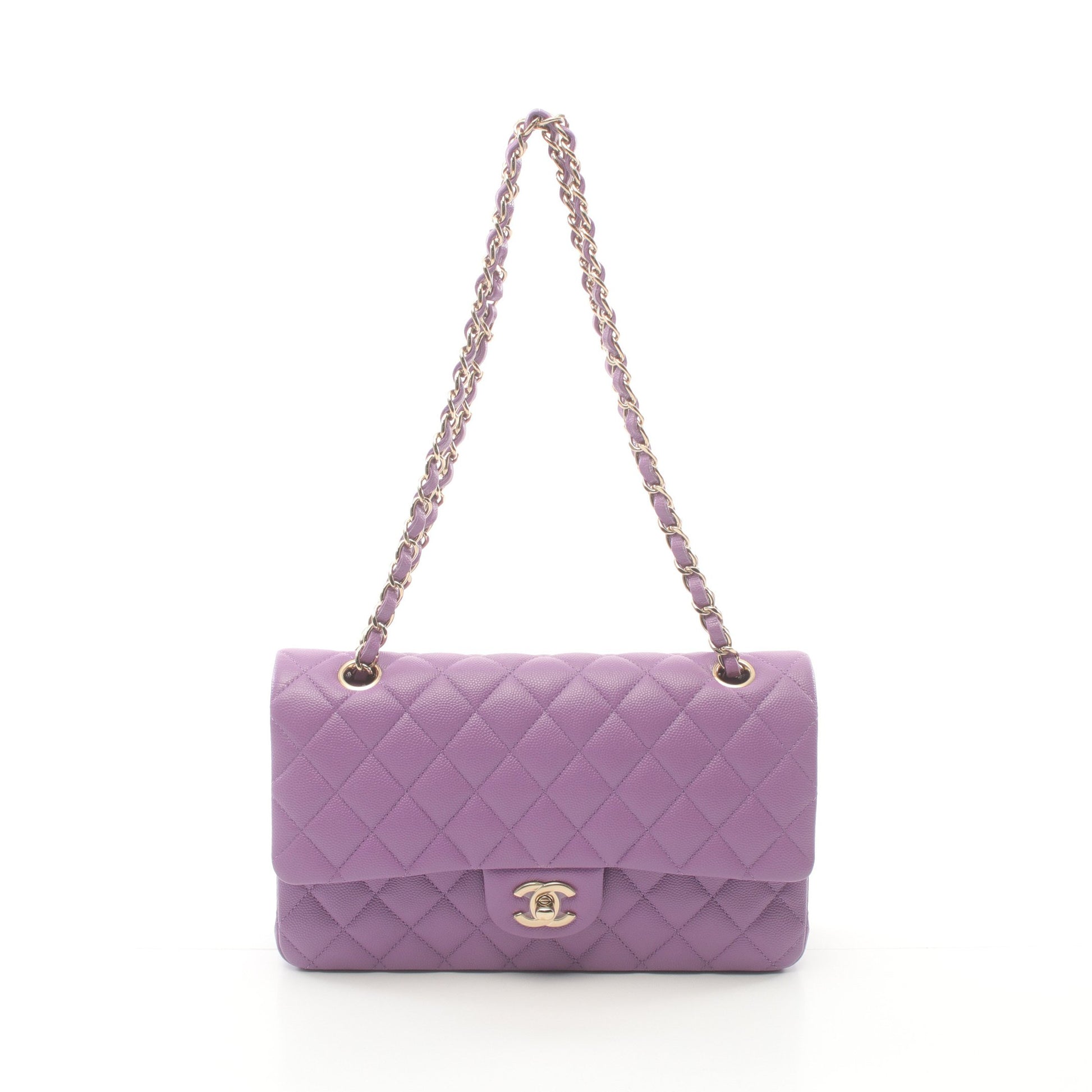 マトラッセ Wフラップ Wチェーンショルダーバッグ キャビアスキン パープル ゴールド金具 シャネル バッグ CHANEL