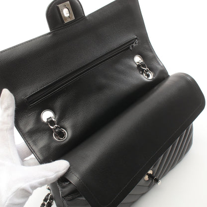 シェブロン Vステッチ Wフラップ Wチェーンショルダーバッグ キャビアスキン ブラック シルバー金具 シャネル バッグ CHANEL